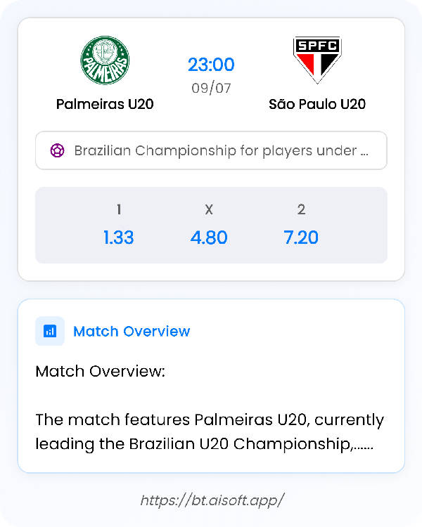 AI Match Prediction: Palmeiras U20 vs São Paulo U20 • Brazilian Championship for players under 20 years old • 23:00 / 09 July