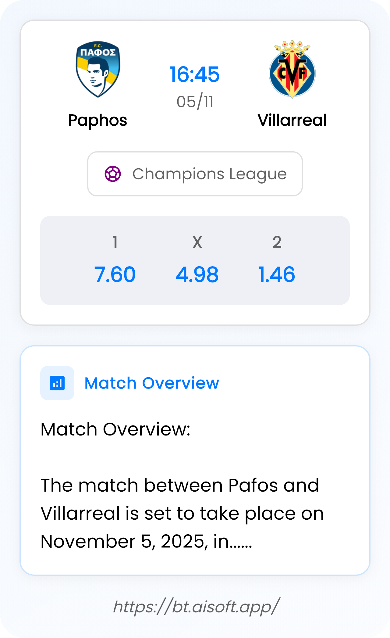 AI Match Prediction: Paphos vs Villarreal • Champions League • 16:45 / 05 November
