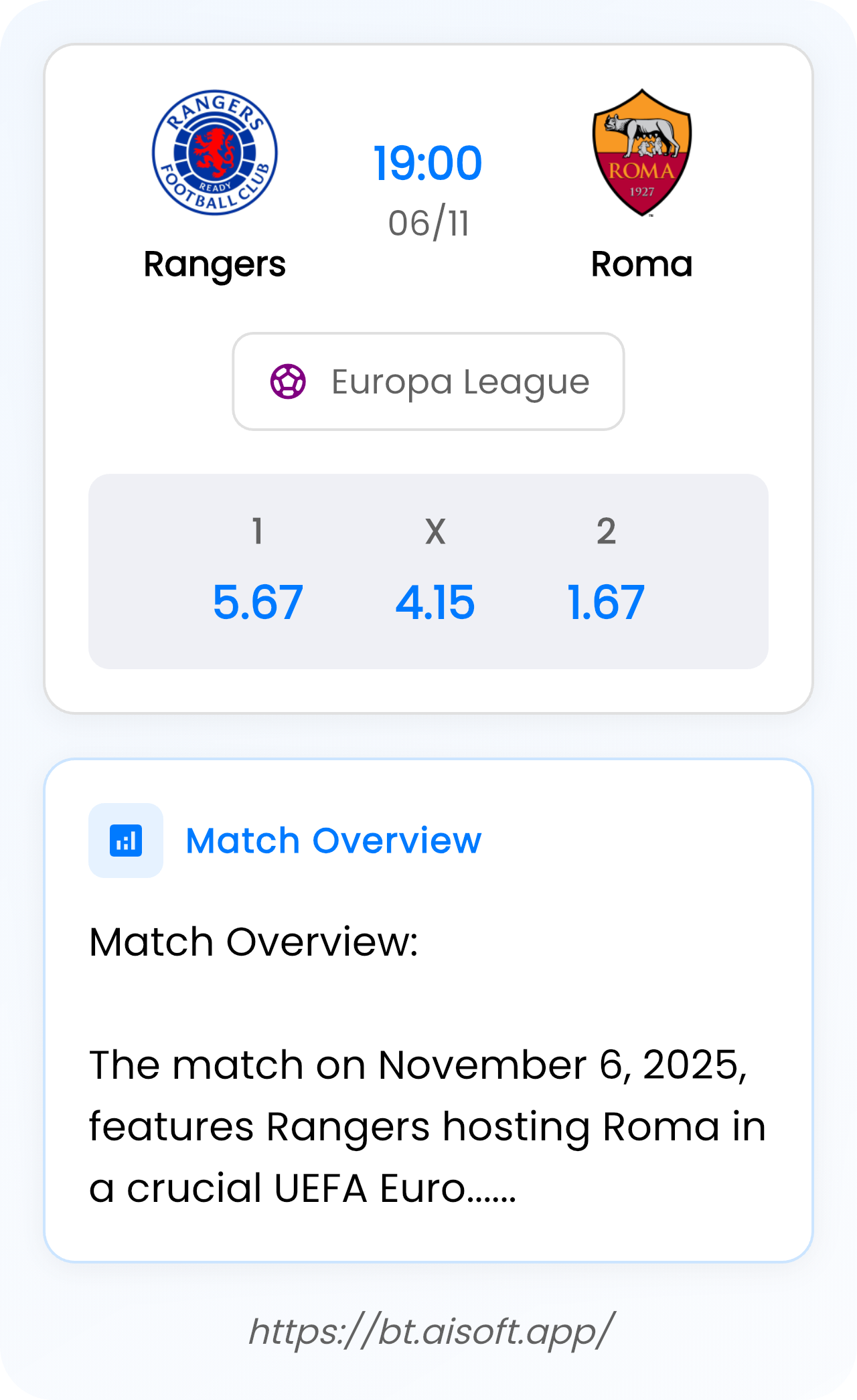 AI Match Prediction: Rangers vs Roma • Europa League • 19:00 / 06 November