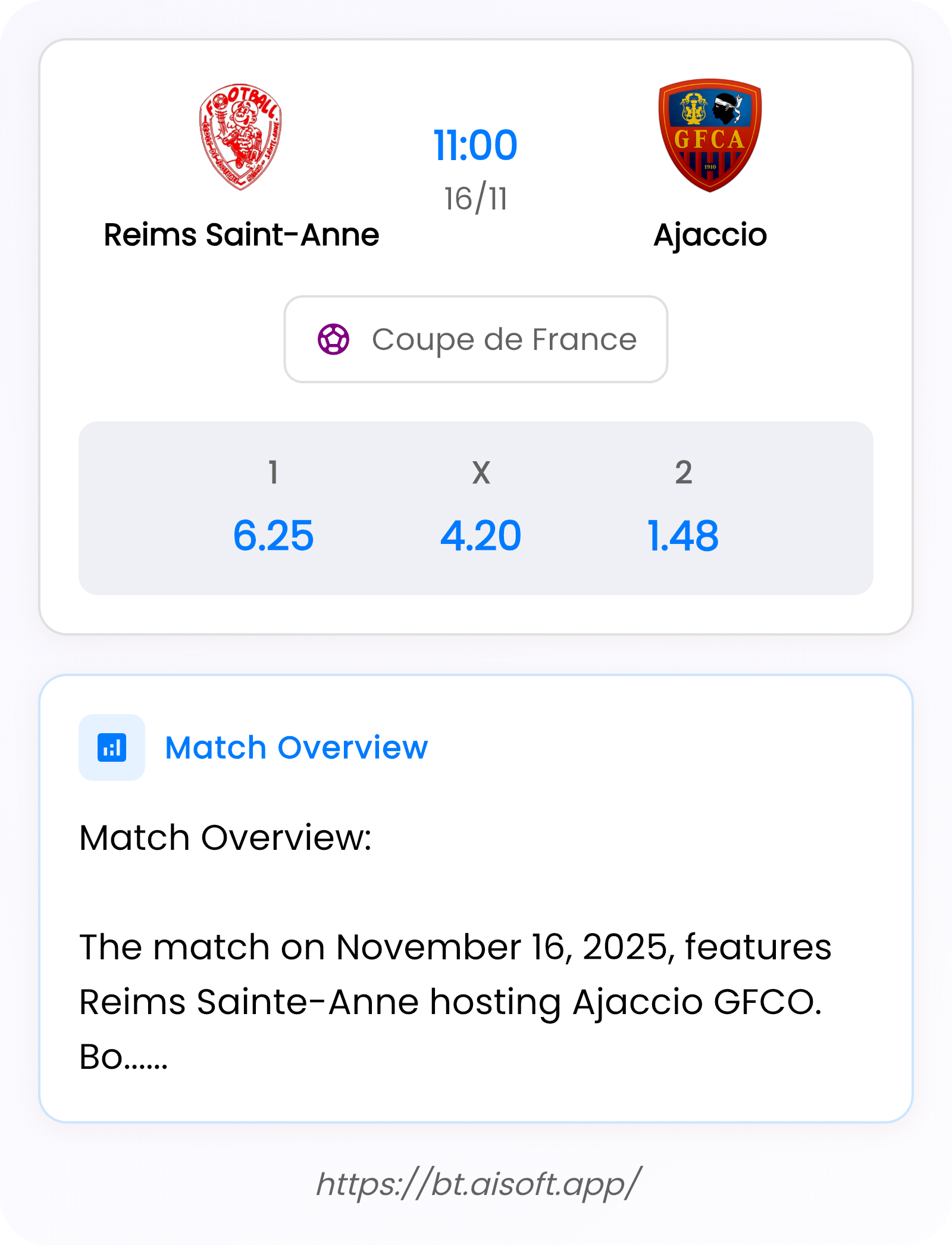 AI Match Prediction: Reims Saint-Anne vs Ajaccio • Coupe de France • 11:00 / 16 November