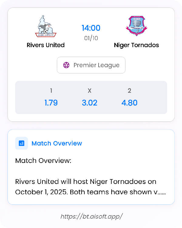 AI Match Prediction: Rivers United vs Niger Tornados • Premier League • 14:00 / 01 October