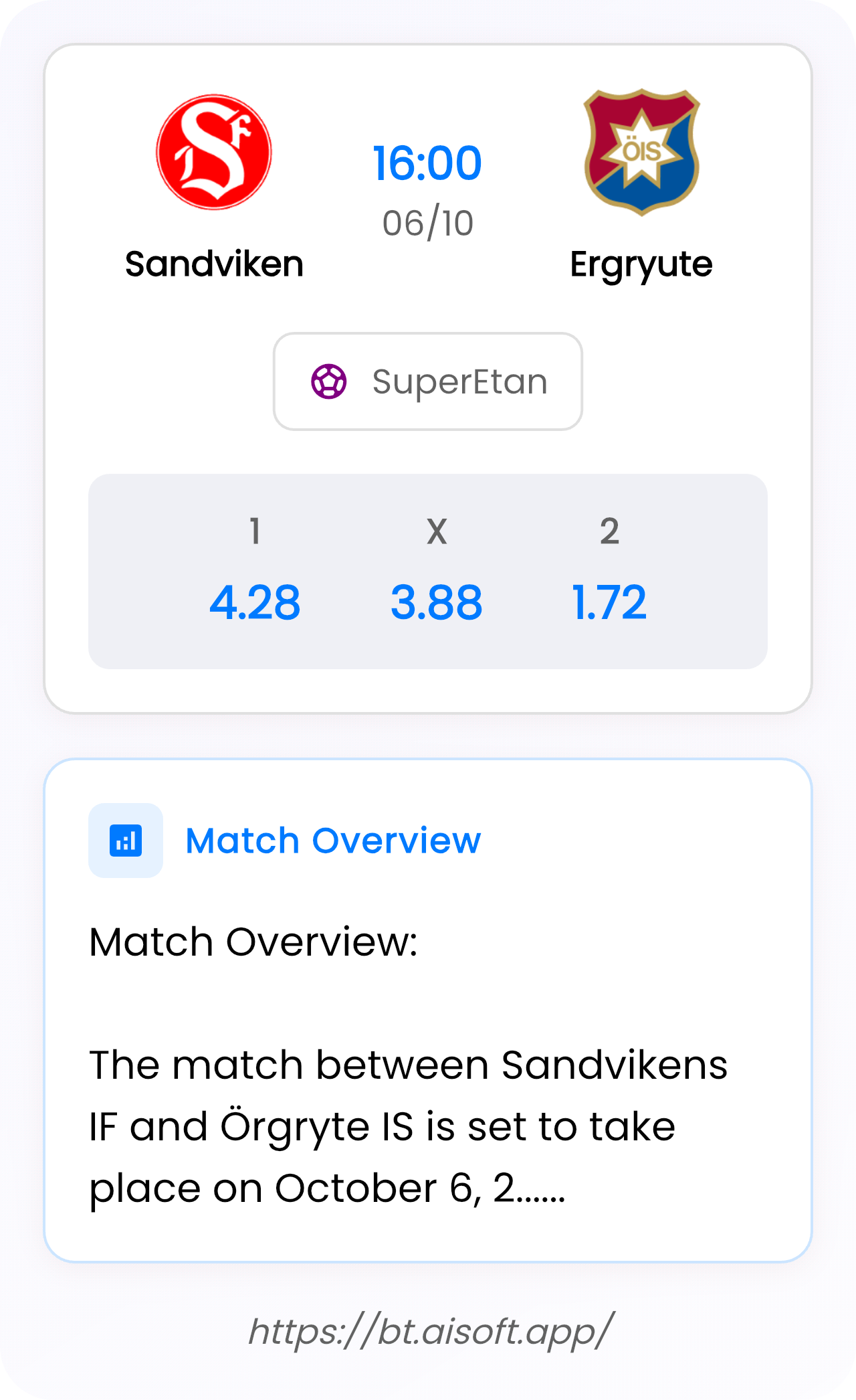 AI Match Prediction: Sandviken vs Ergryute • SuperEtan • 16:00 / 06 October