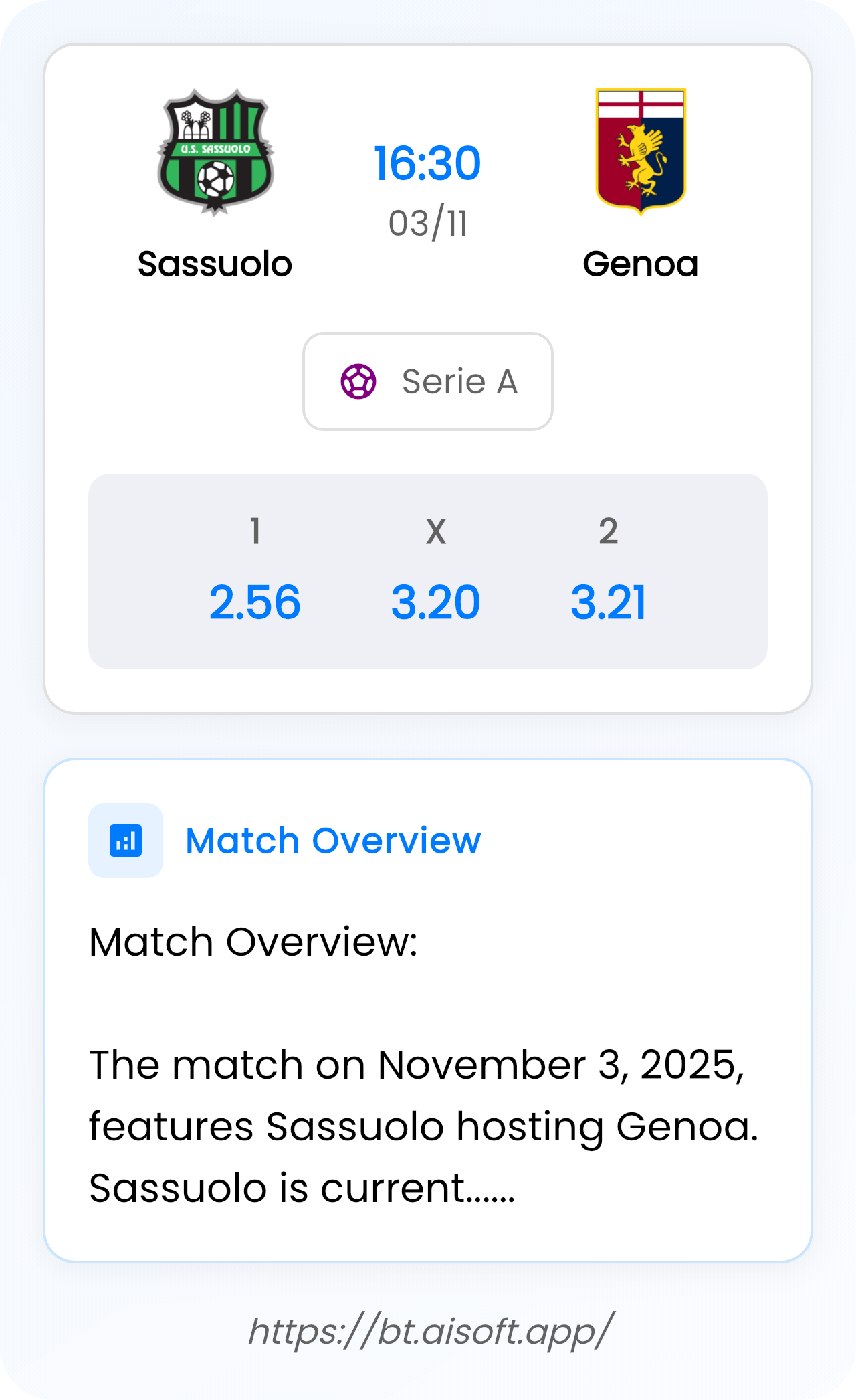 AI Match Prediction: Sassuolo vs Genoa • Serie A • 16:30 / 03 November