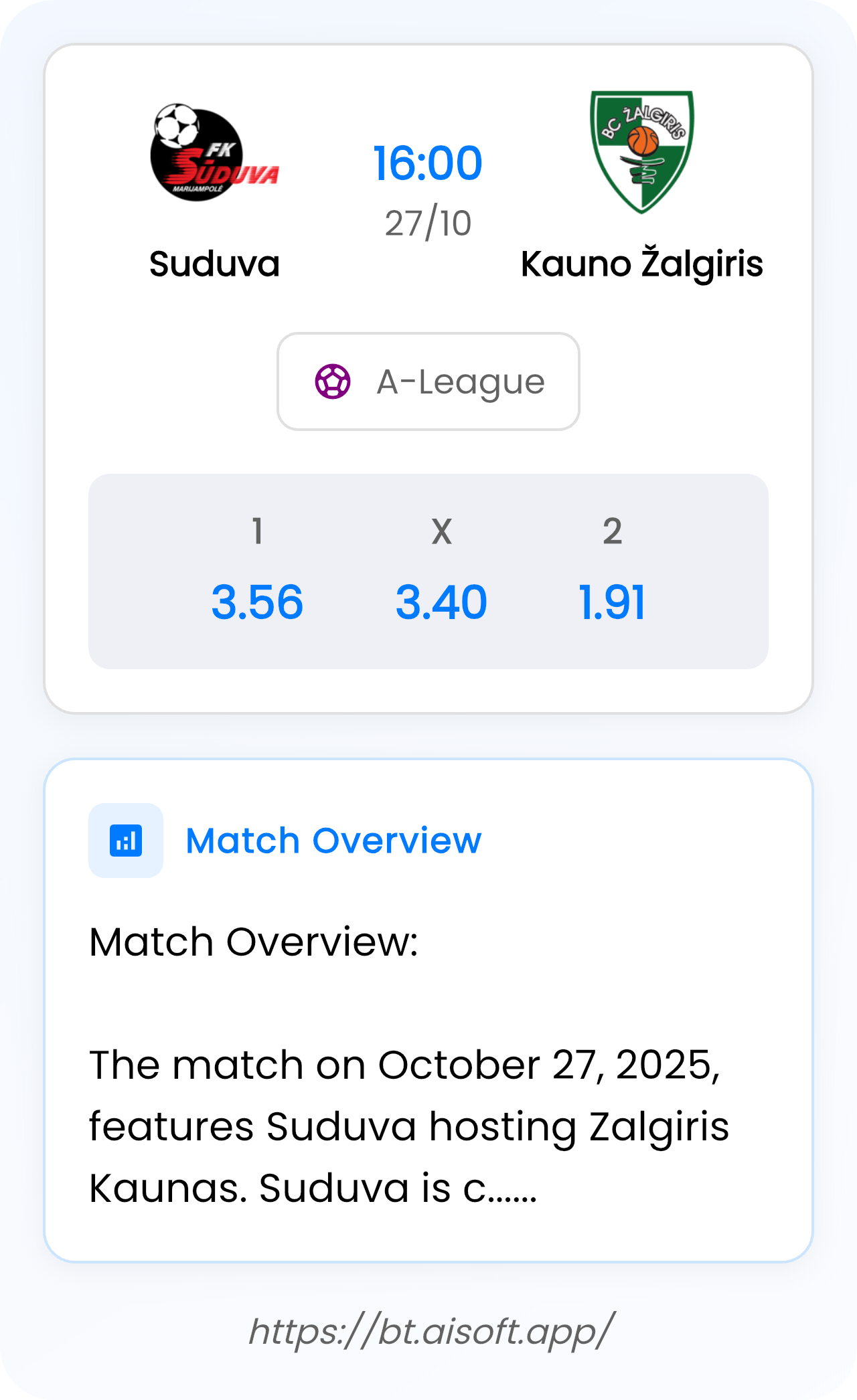 AI Match Prediction: Suduva vs Kauno Žalgiris • A-League • 16:00 / 27 October