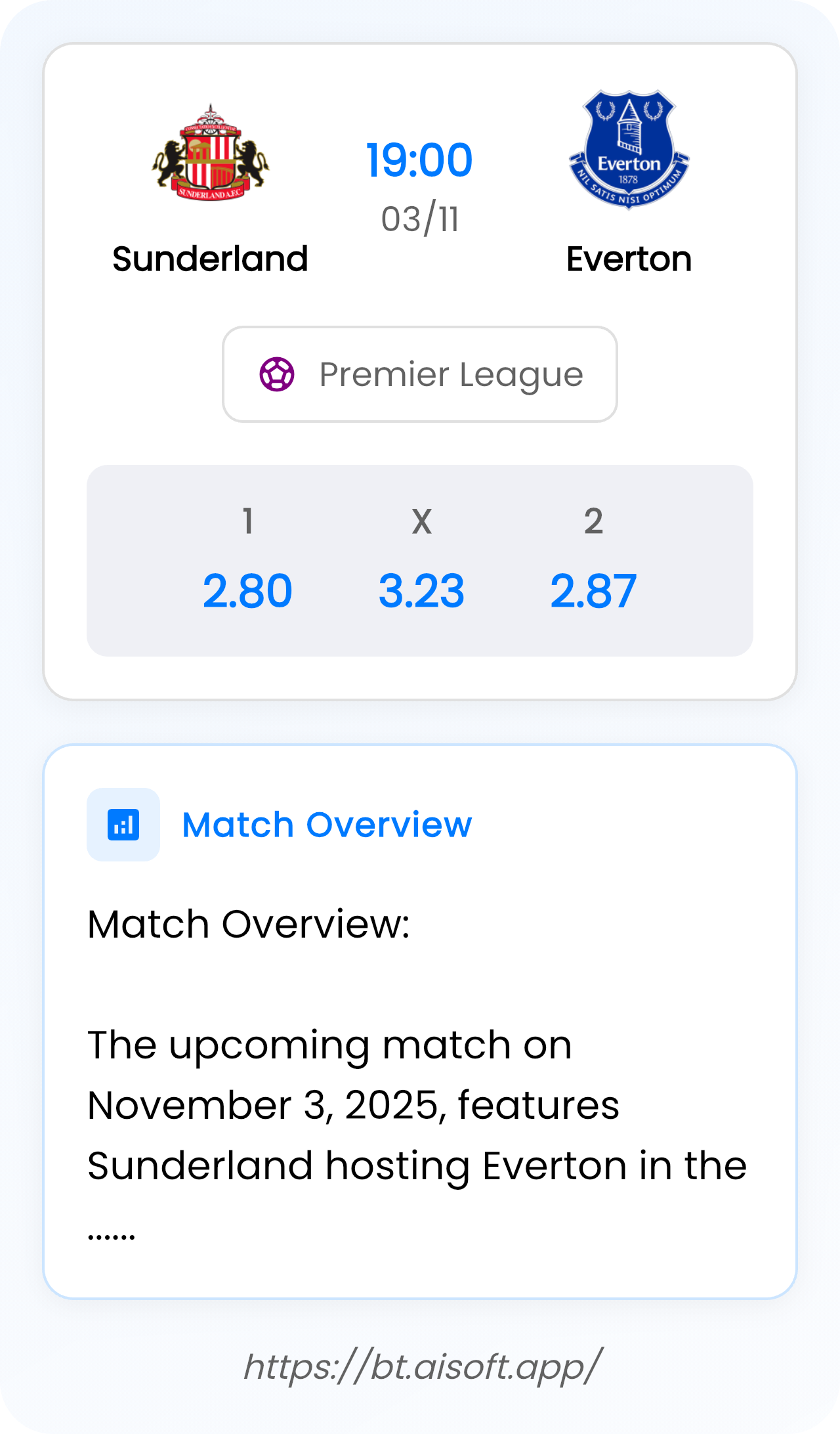 AI Match Prediction: Sunderland vs Everton • Premier League • 19:00 / 03 November