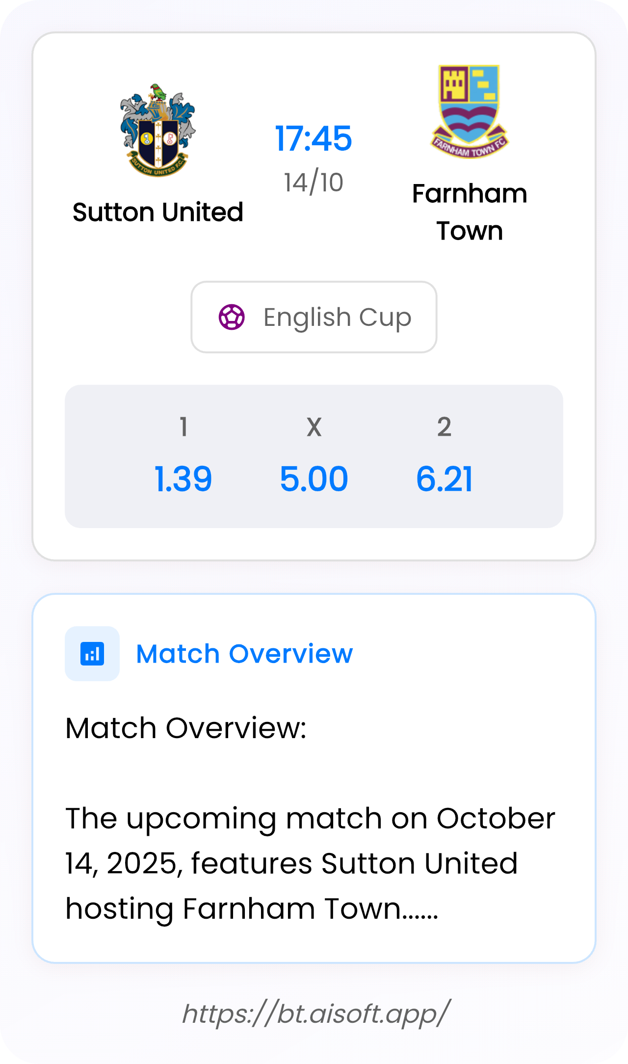 AI Match Prediction: Sutton United vs Farnham Town • English Cup • 17:45 / 14 October