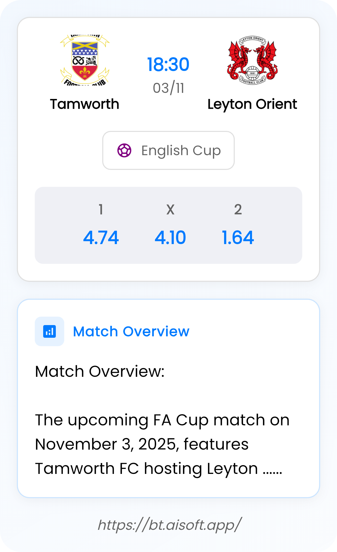 AI Match Prediction: Tamworth vs Leyton Orient • English Cup • 18:30 / 03 November
