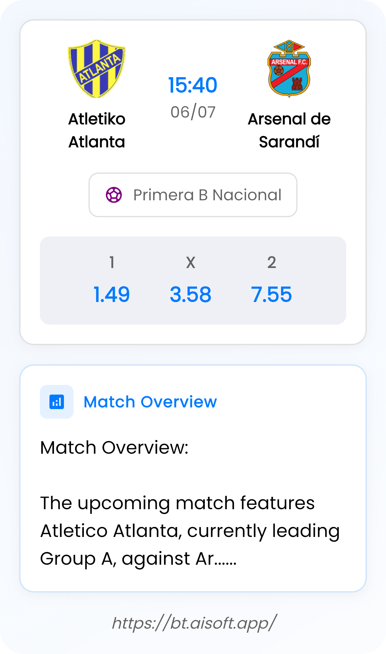 AI Match Prediction (Tips): Atletiko Atlanta vs Arsenal de Sarandí • Primera B Nacional • 15:40 / 06 July