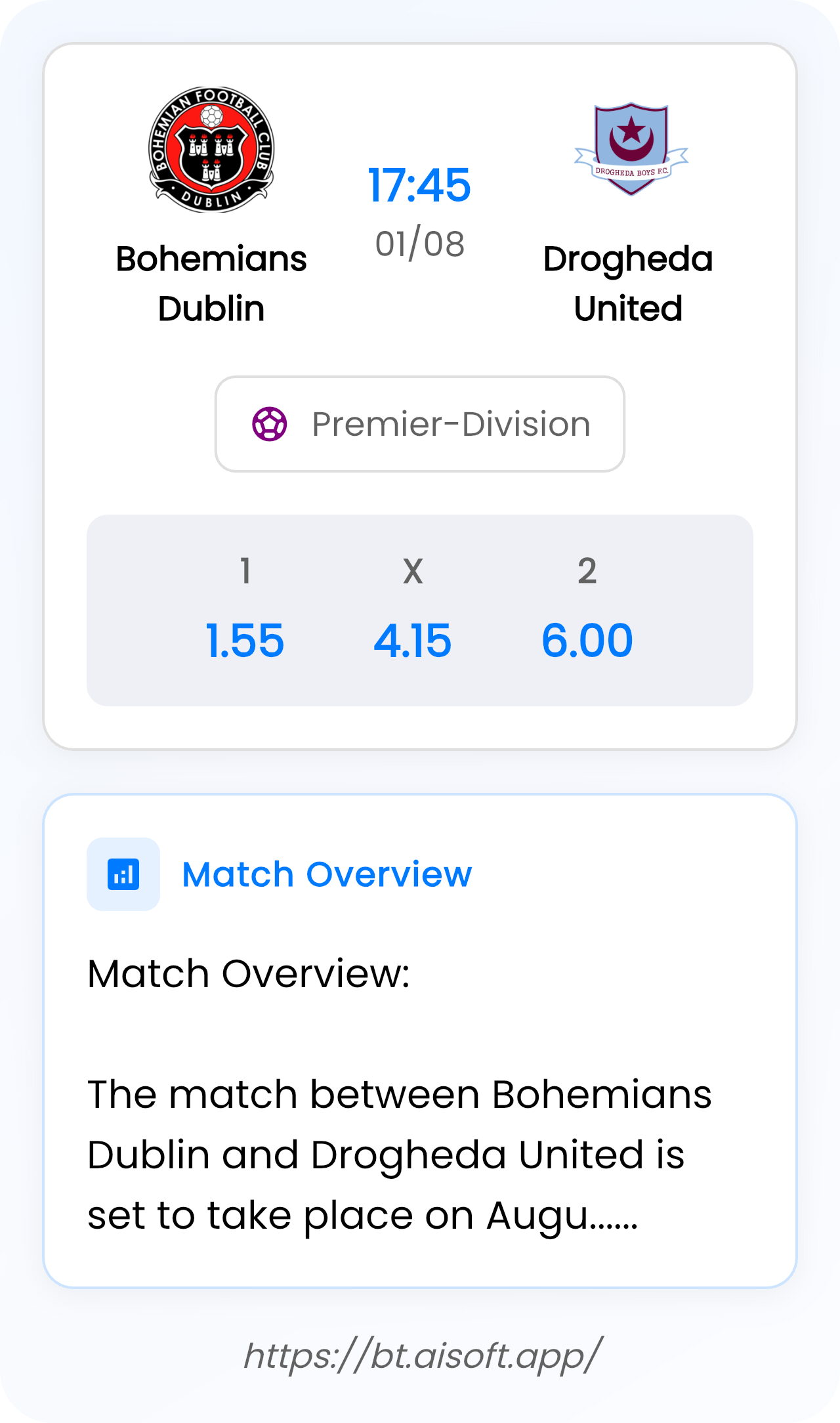 AI Match Prediction (Tips): Bohemians Dublin vs Drogheda United • Premier-Division • 17:45 / 01 August