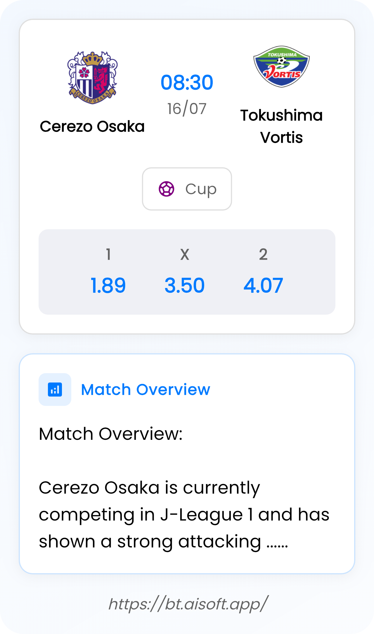 AI Match Prediction (Tips): Cerezo Osaka vs Tokushima Vortis • Cup • 08:30 / 16 July