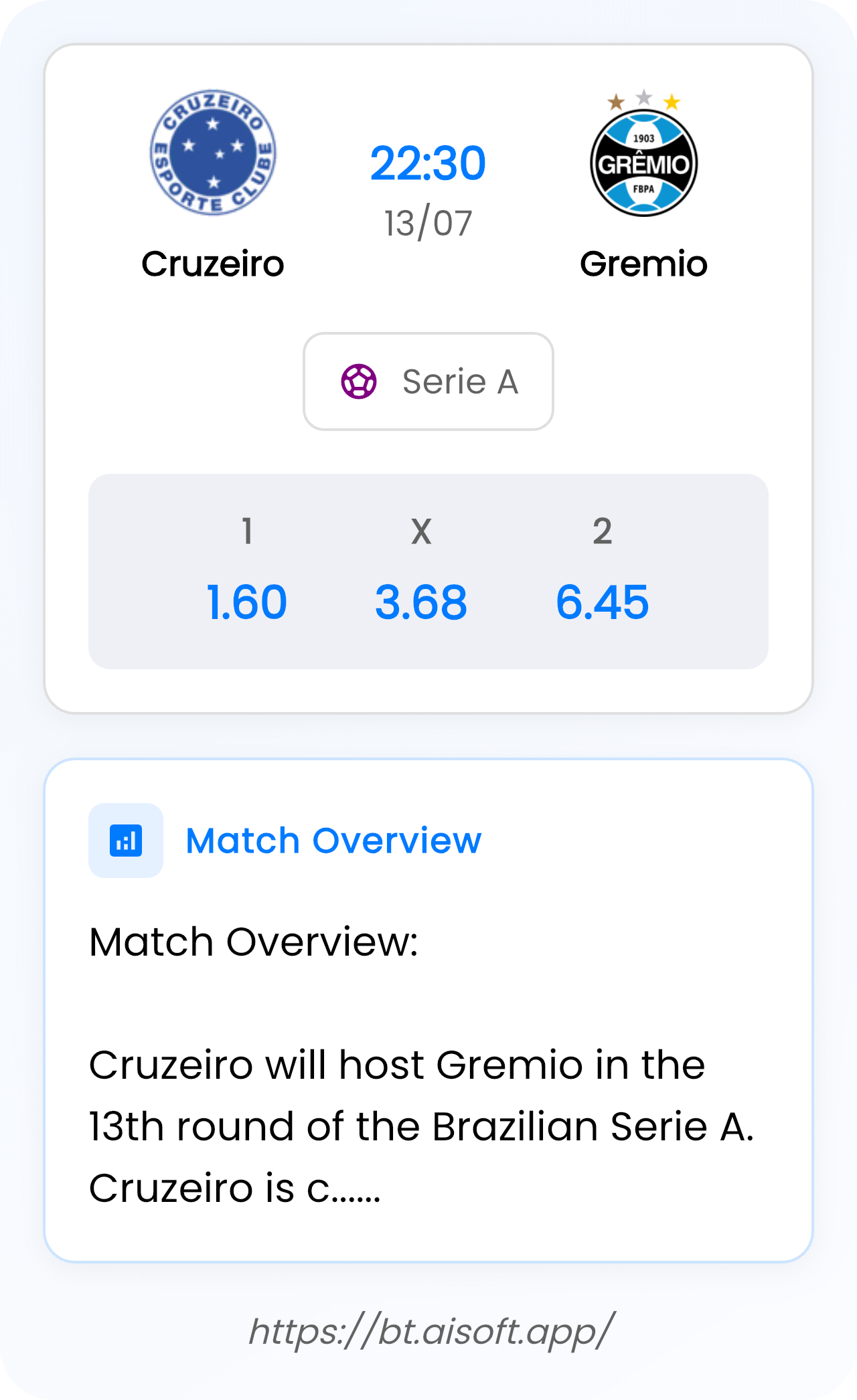 AI Match Prediction (Tips): Cruzeiro vs Gremio • Serie A • 22:30 / 13 July