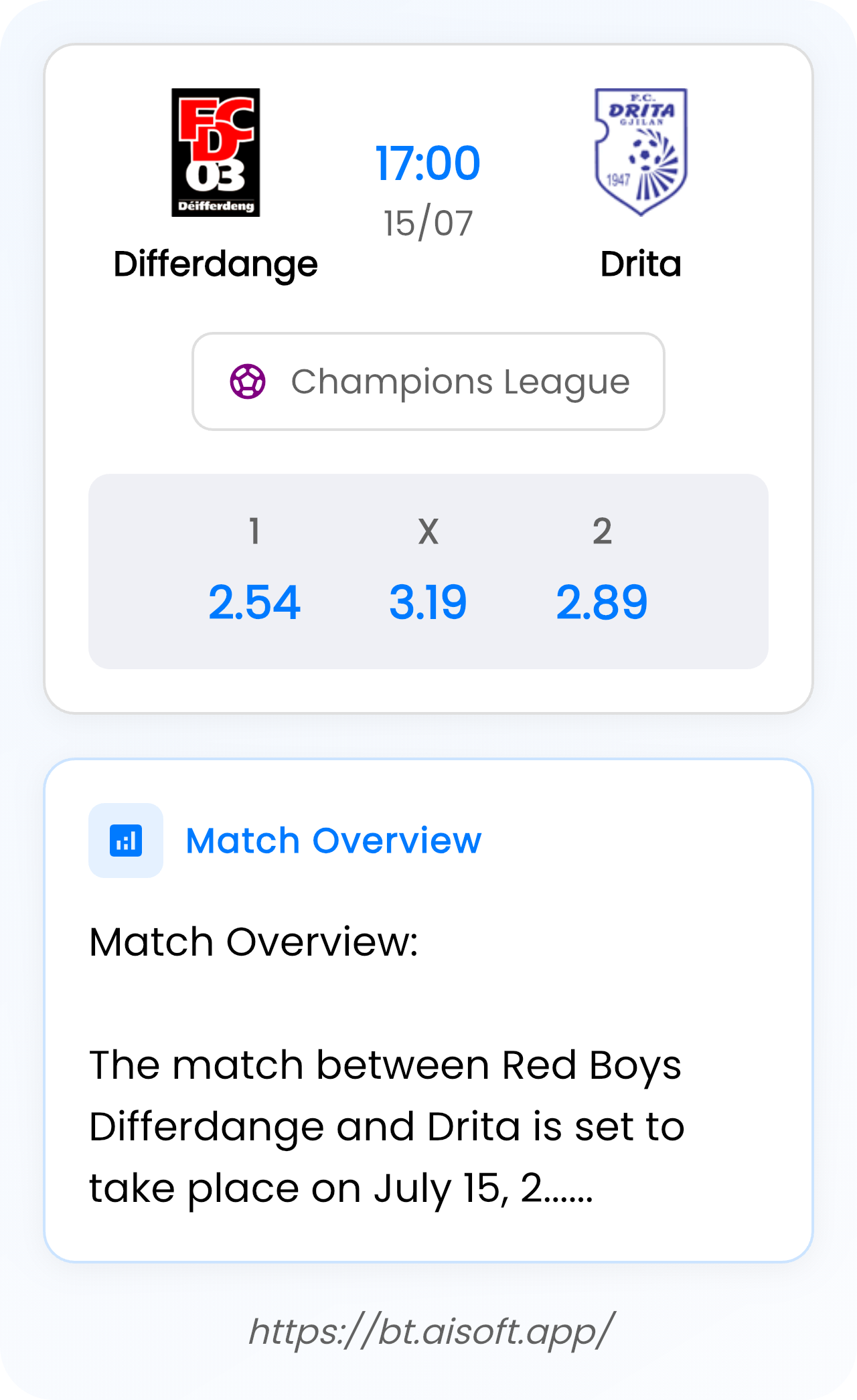 AI Match Prediction (Tips): Differdange vs Drita • Champions League • 17:00 / 15 July