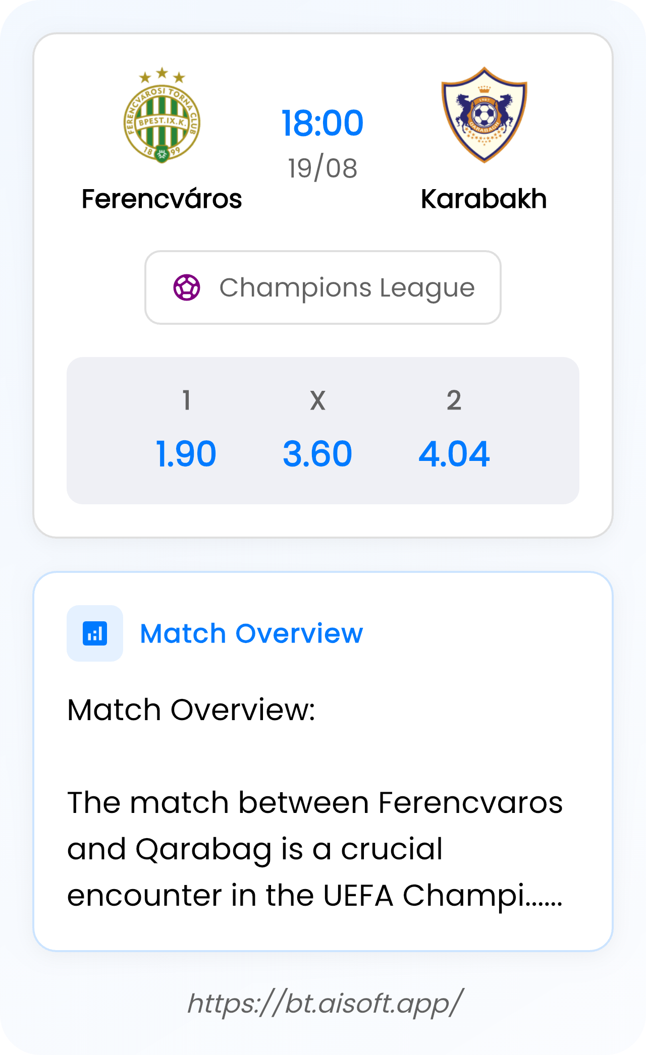 AI Match Prediction (Tips): Ferencváros vs Karabakh • Champions League • 18:00 / 19 August