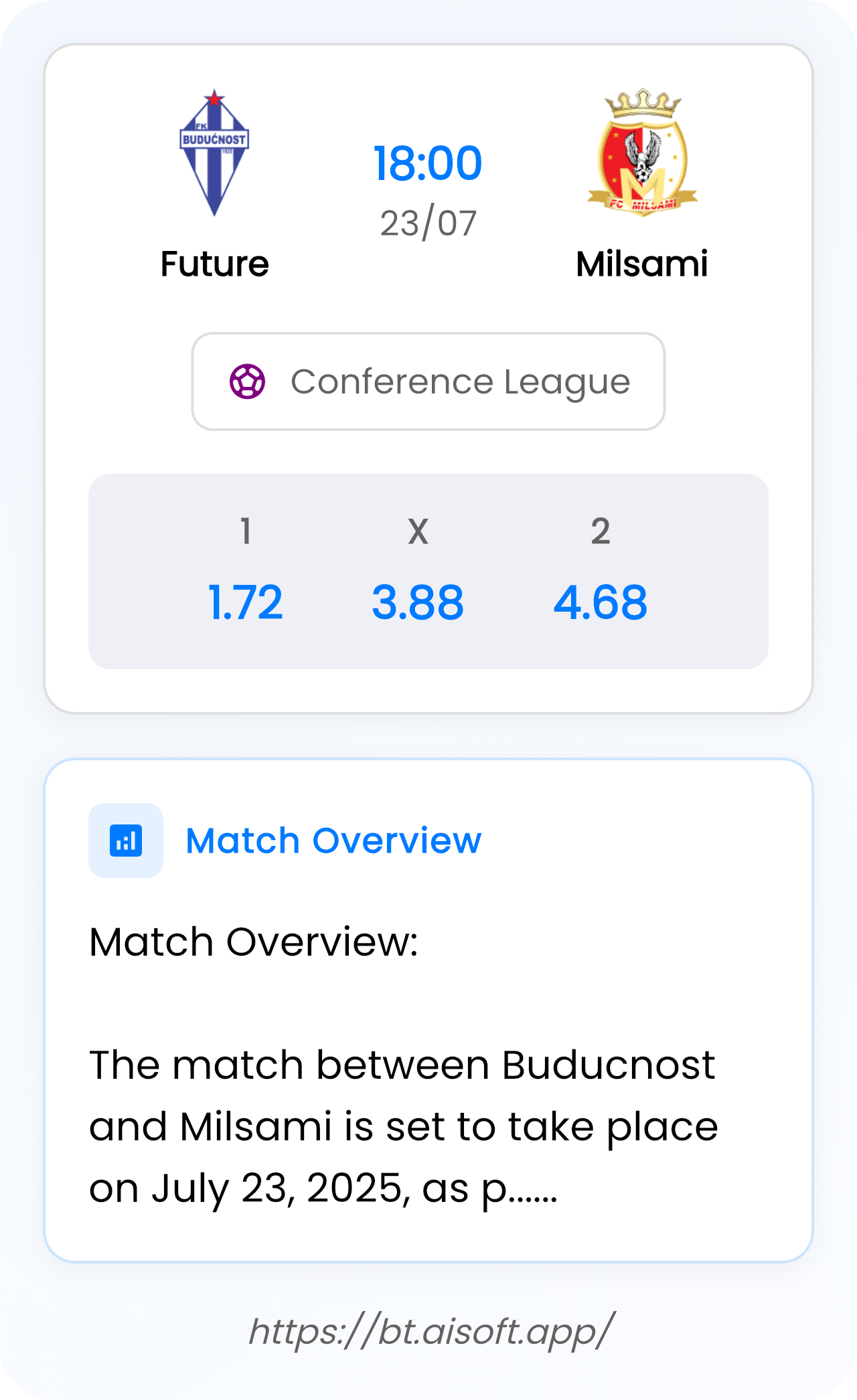 AI Match Prediction (Tips): Future vs Milsami • Conference League • 18:00 / 23 July