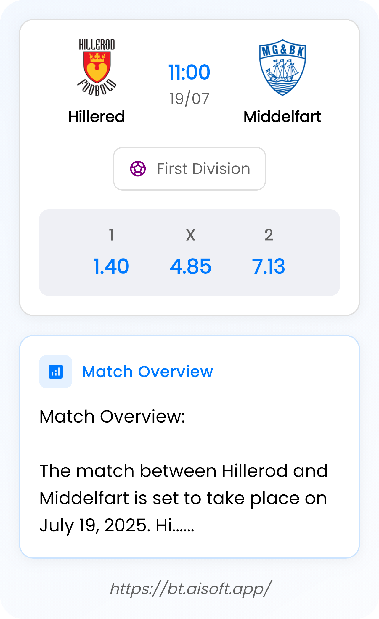 AI Match Prediction (Tips): Hillered vs Middelfart • First Division • 11:00 / 19 July