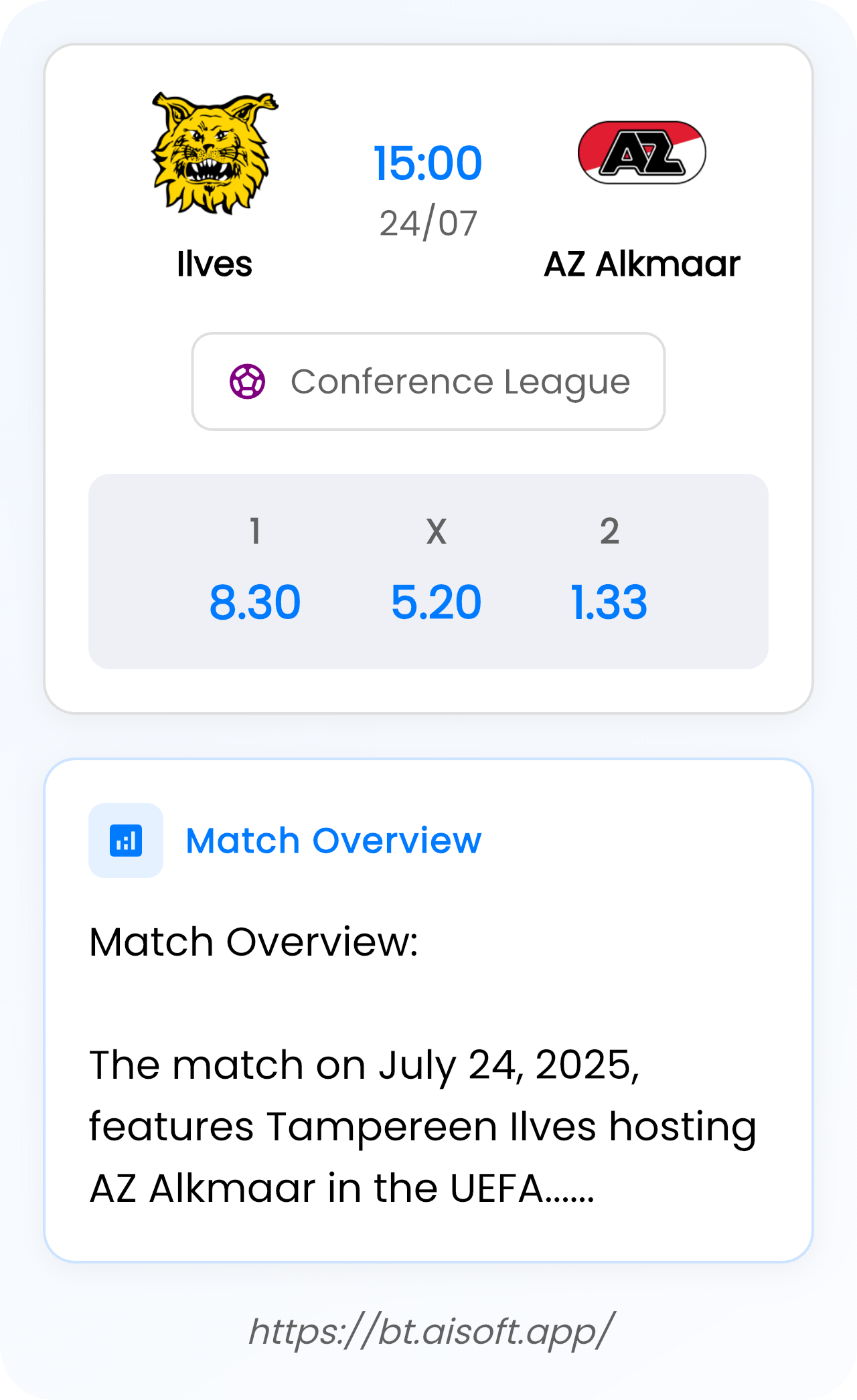 AI Match Prediction (Tips): Ilves vs AZ Alkmaar • Conference League • 15:00 / 24 July