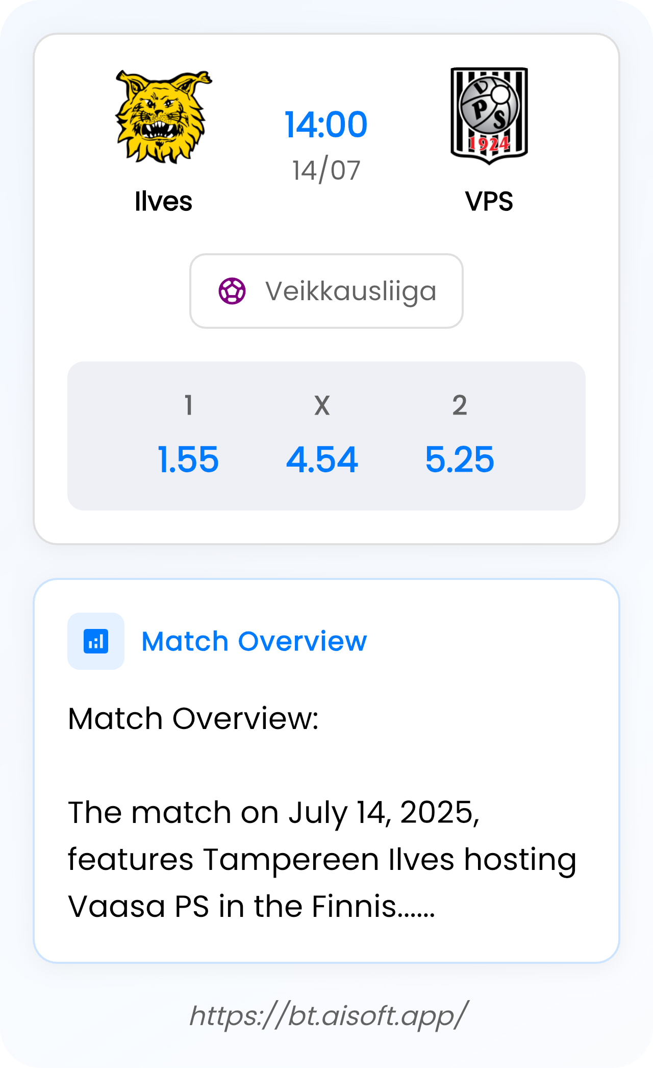AI Match Prediction (Tips): Ilves vs VPS • Veikkausliiga • 14:00 / 14 July