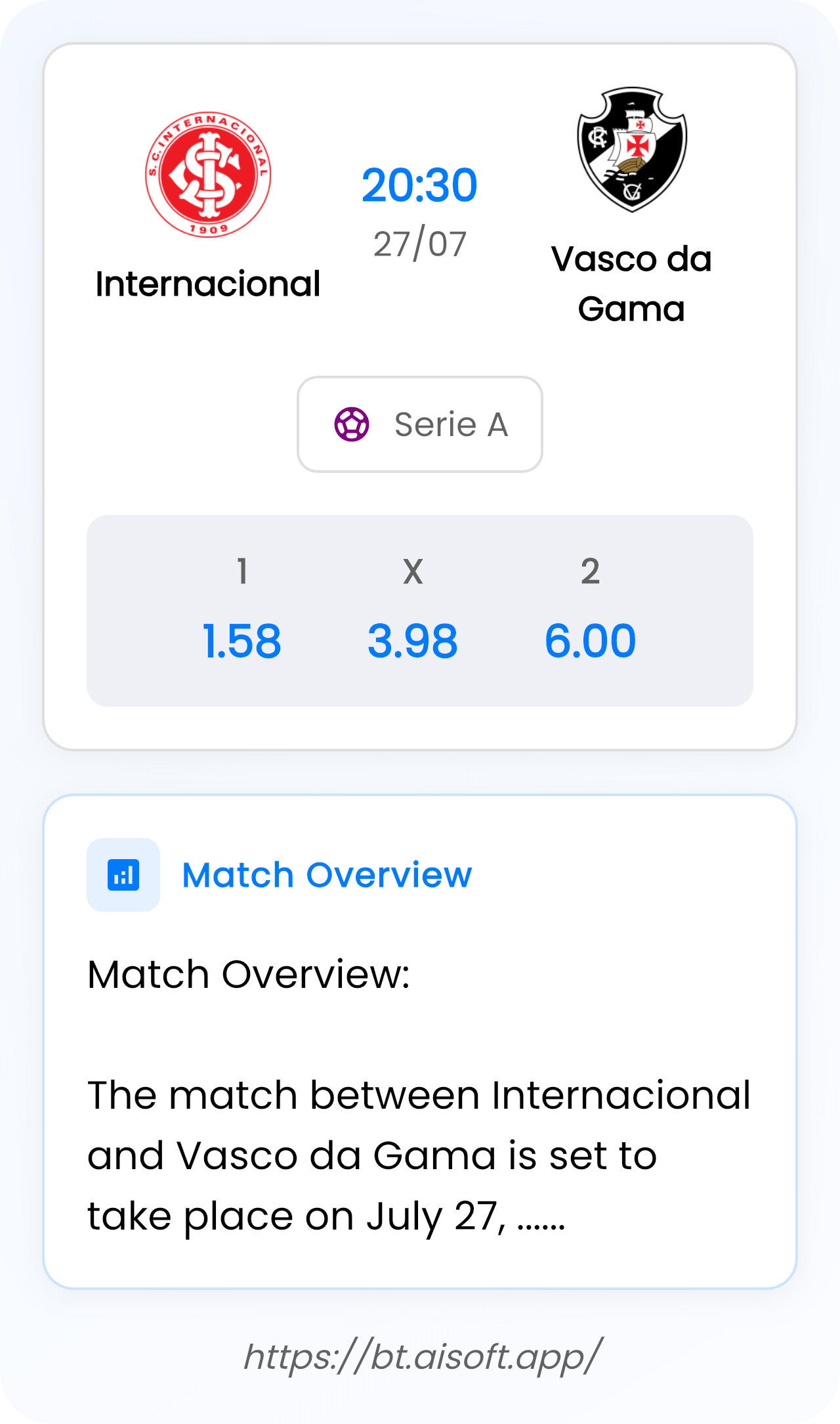 AI Match Prediction (Tips): Internacional vs Vasco da Gama • Serie A • 20:30 / 27 July