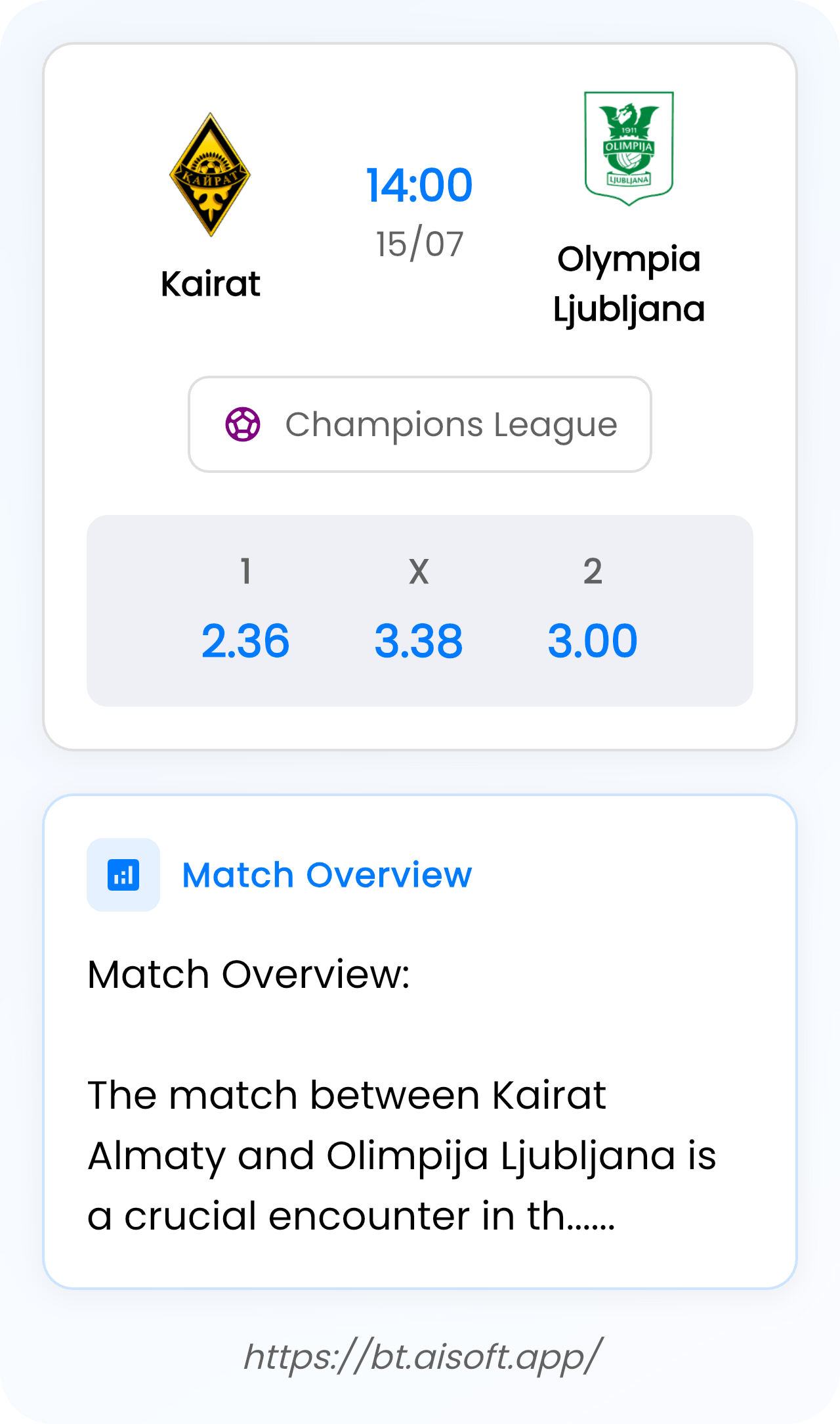 AI Match Prediction (Tips): Kairat vs Olympia Ljubljana • Champions League • 14:00 / 15 July