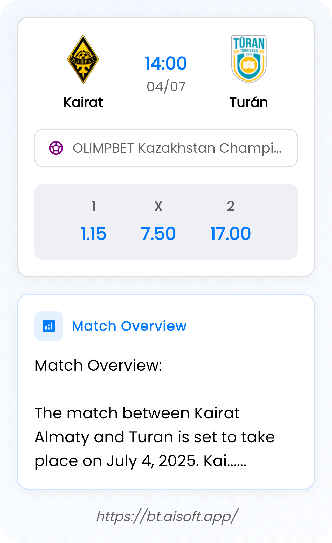 AI Match Prediction (Tips): Kairat vs Turán • OLIMPBET Kazakhstan Championship • 14:00 / 04 July