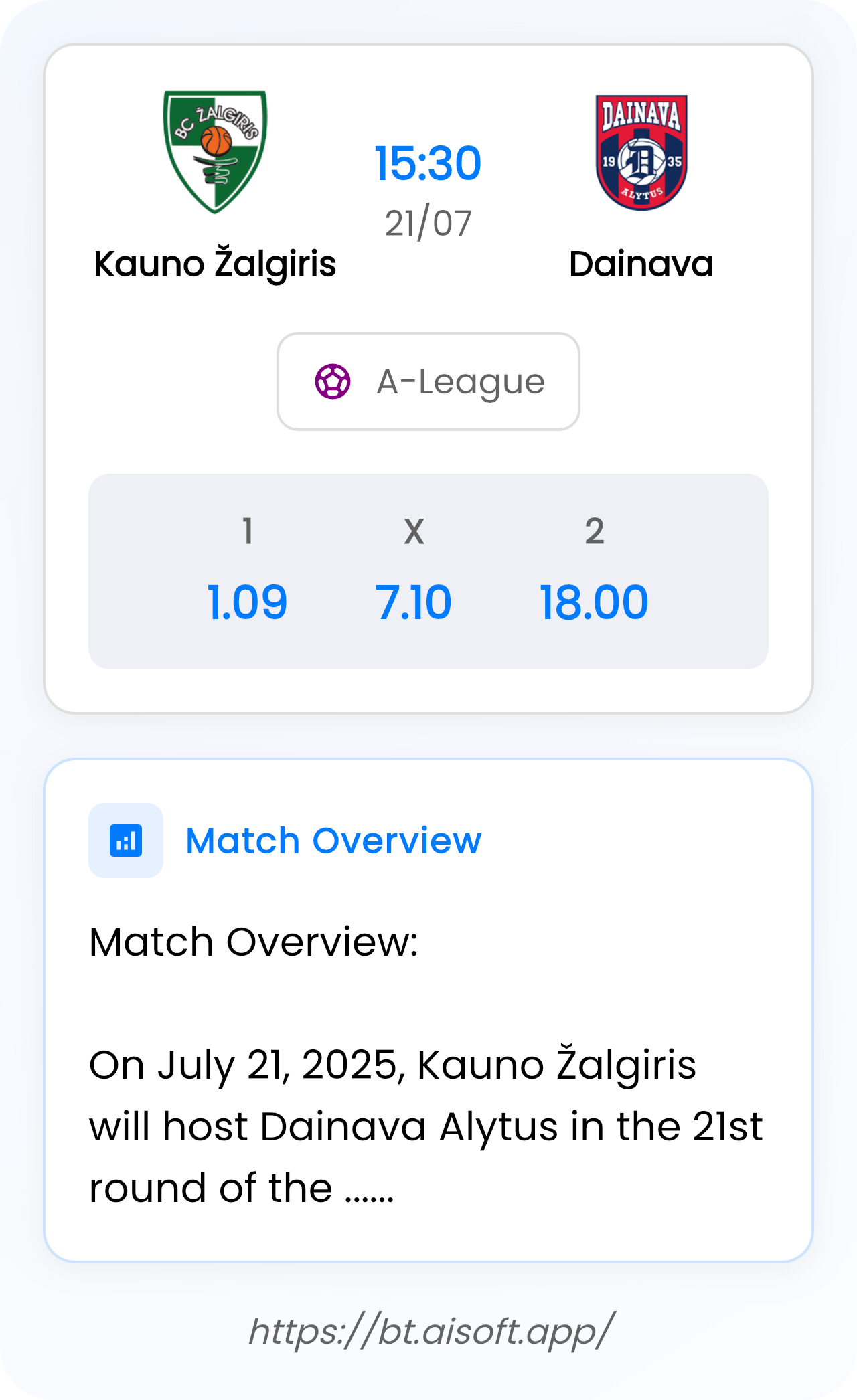 AI Match Prediction (Tips): Kauno Žalgiris vs Dainava • A-League • 15:30 / 21 July