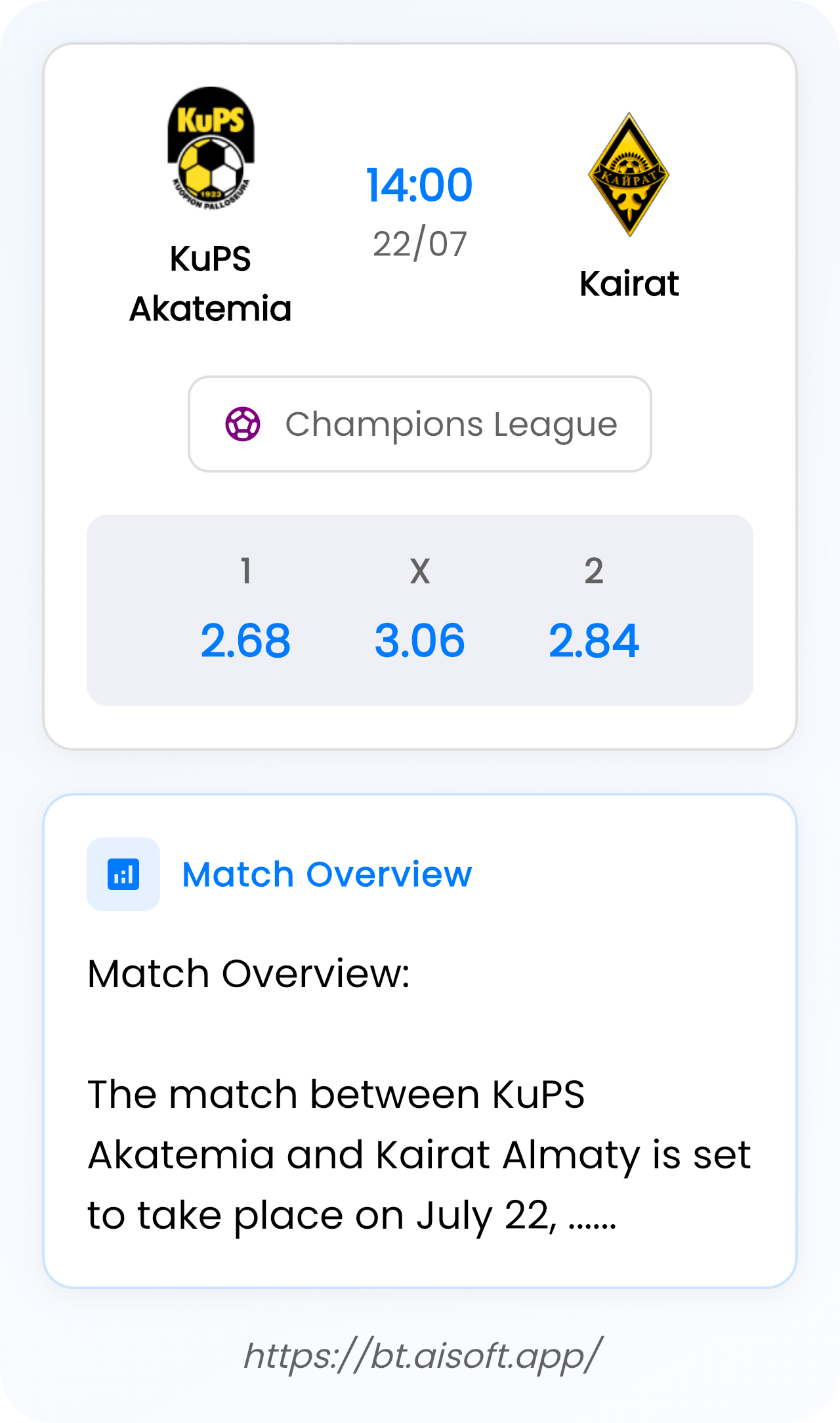 AI Match Prediction (Tips): KuPS Akatemia vs Kairat • Champions League • 14:00 / 22 July