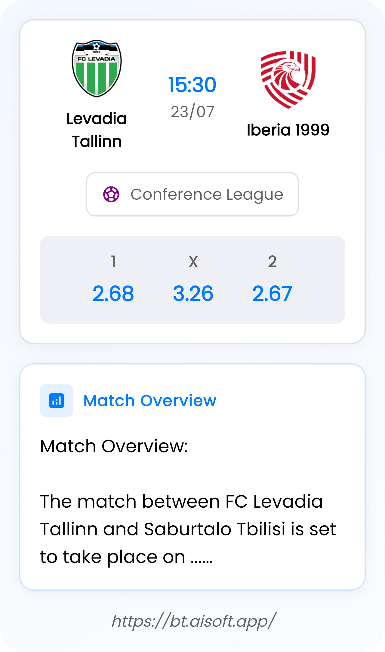 AI Match Prediction (Tips): Levadia Tallinn vs Iberia 1999 • Conference League • 15:30 / 23 July