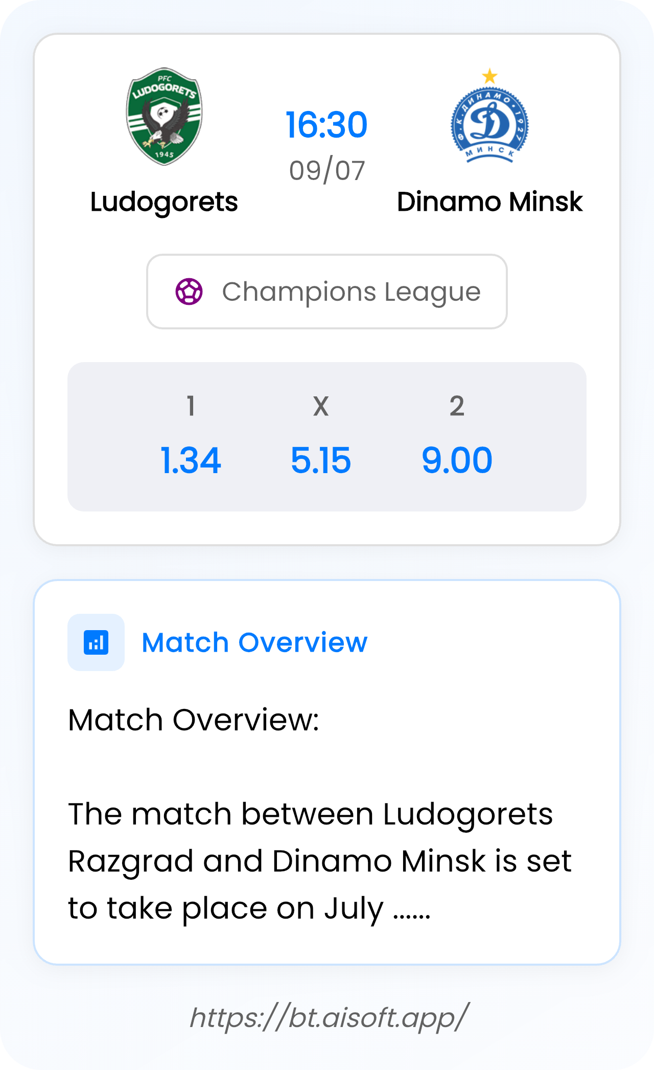 AI Match Prediction (Tips): Ludogorets vs Dinamo Minsk • Champions League • 16:30 / 09 July