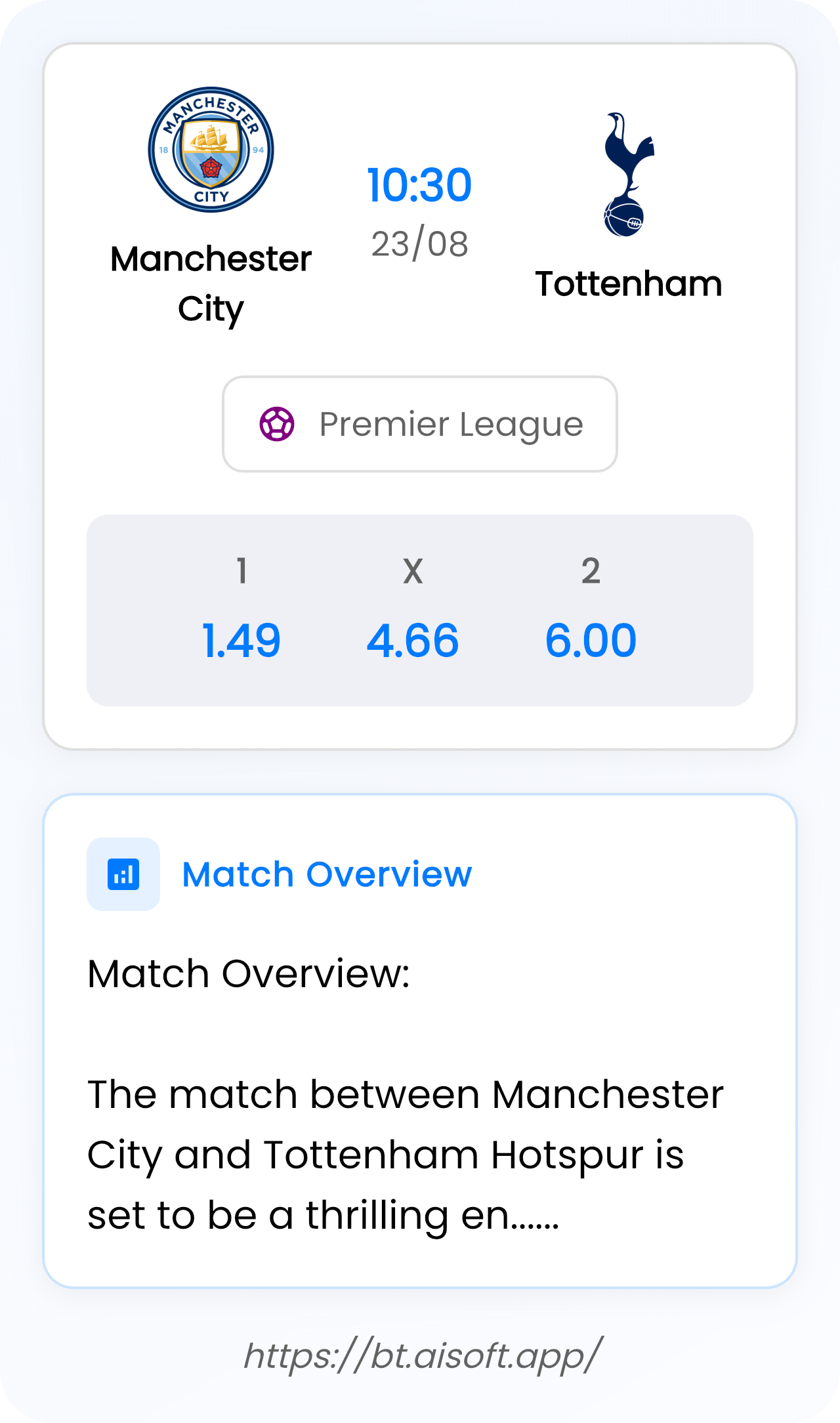 AI Match Prediction (Tips): Manchester City vs Tottenham • Premier League • 10:30 / 23 August