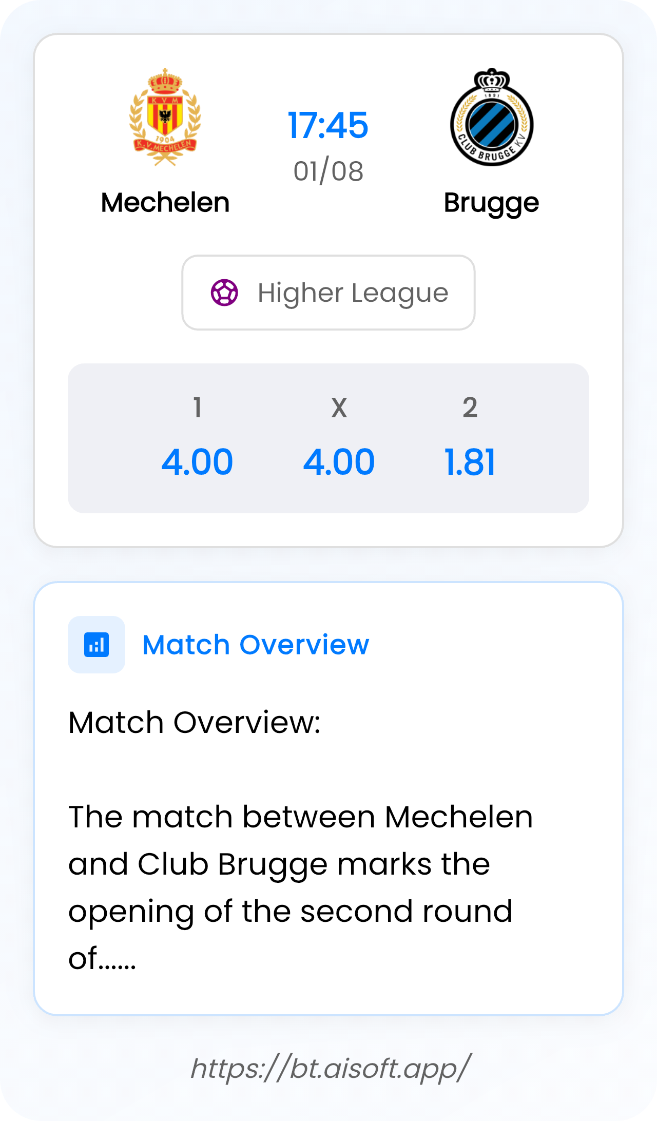 AI Match Prediction (Tips): Mechelen vs Brugge • Higher League • 17:45 / 01 August