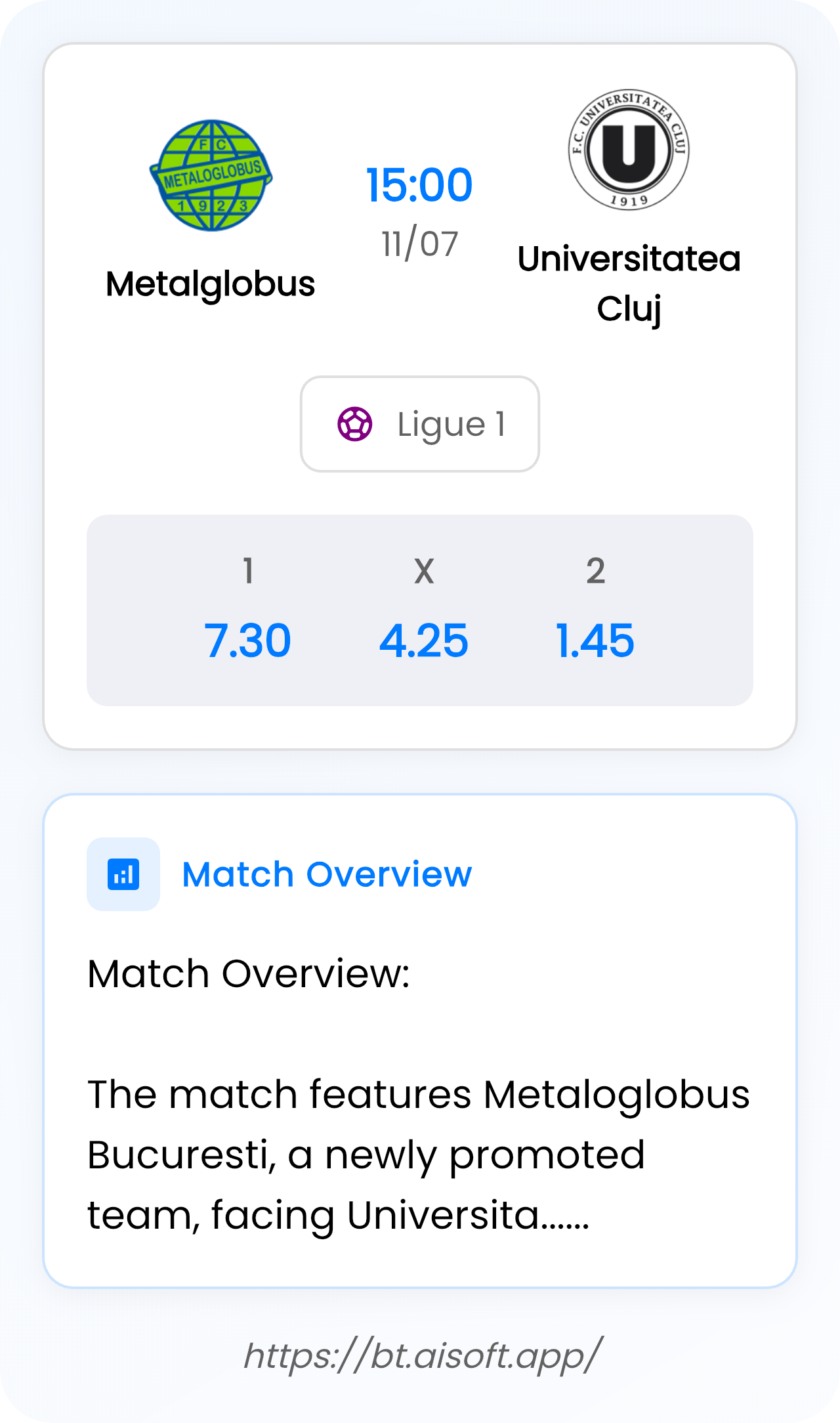 AI Match Prediction (Tips): Metalglobus vs Universitatea Cluj • Ligue 1 • 15:00 / 11 July