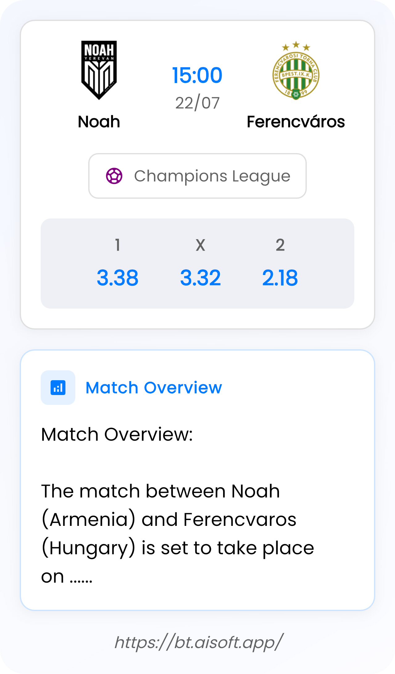 AI Match Prediction (Tips): Noah vs Ferencváros • Champions League • 15:00 / 22 July