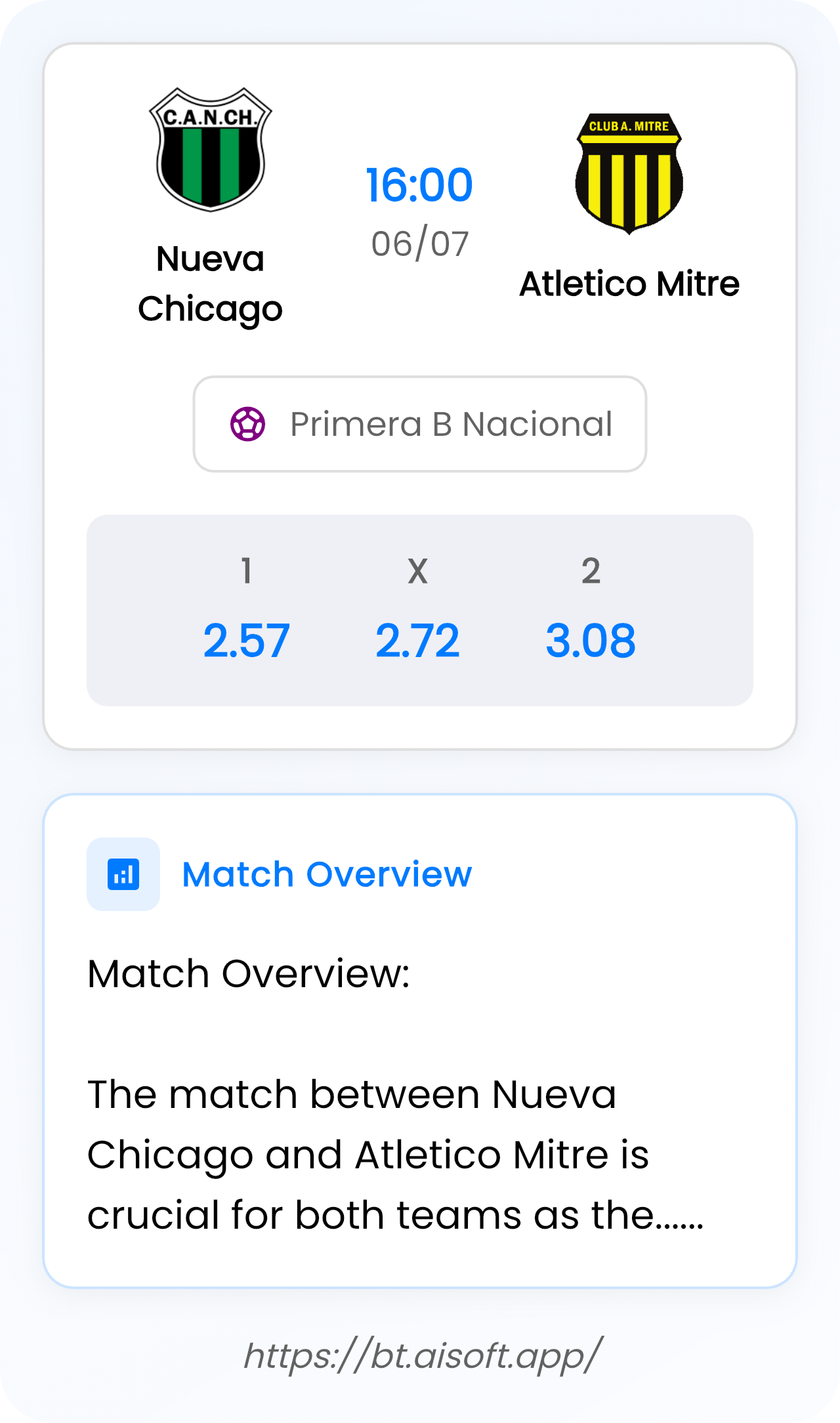 AI Match Prediction (Tips): Nueva Chicago vs Atletico Mitre • Primera B Nacional • 16:00 / 06 July