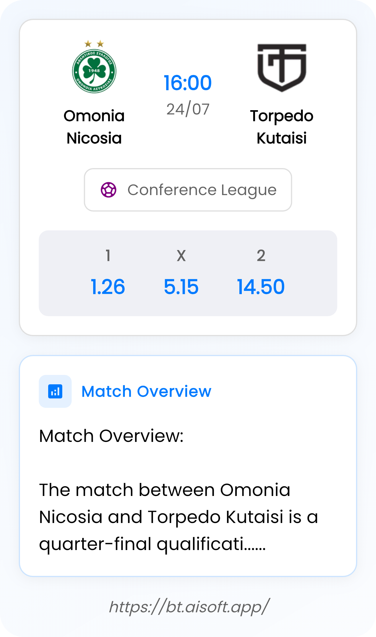 AI Match Prediction (Tips): Omonia Nicosia vs Torpedo Kutaisi • Conference League • 16:00 / 24 July