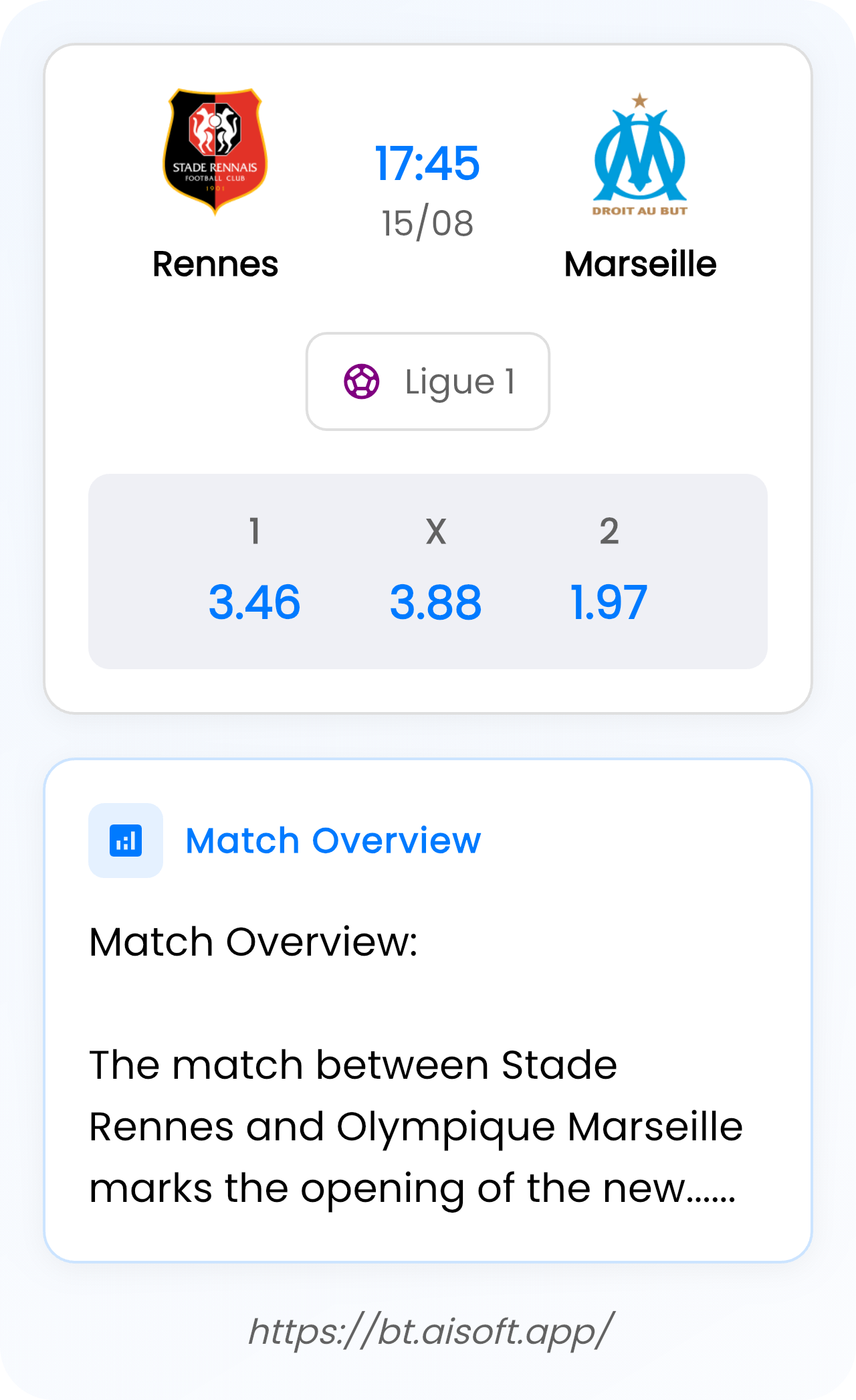 AI Match Prediction (Tips): Rennes vs Marseille • Ligue 1 • 17:45 / 15 August