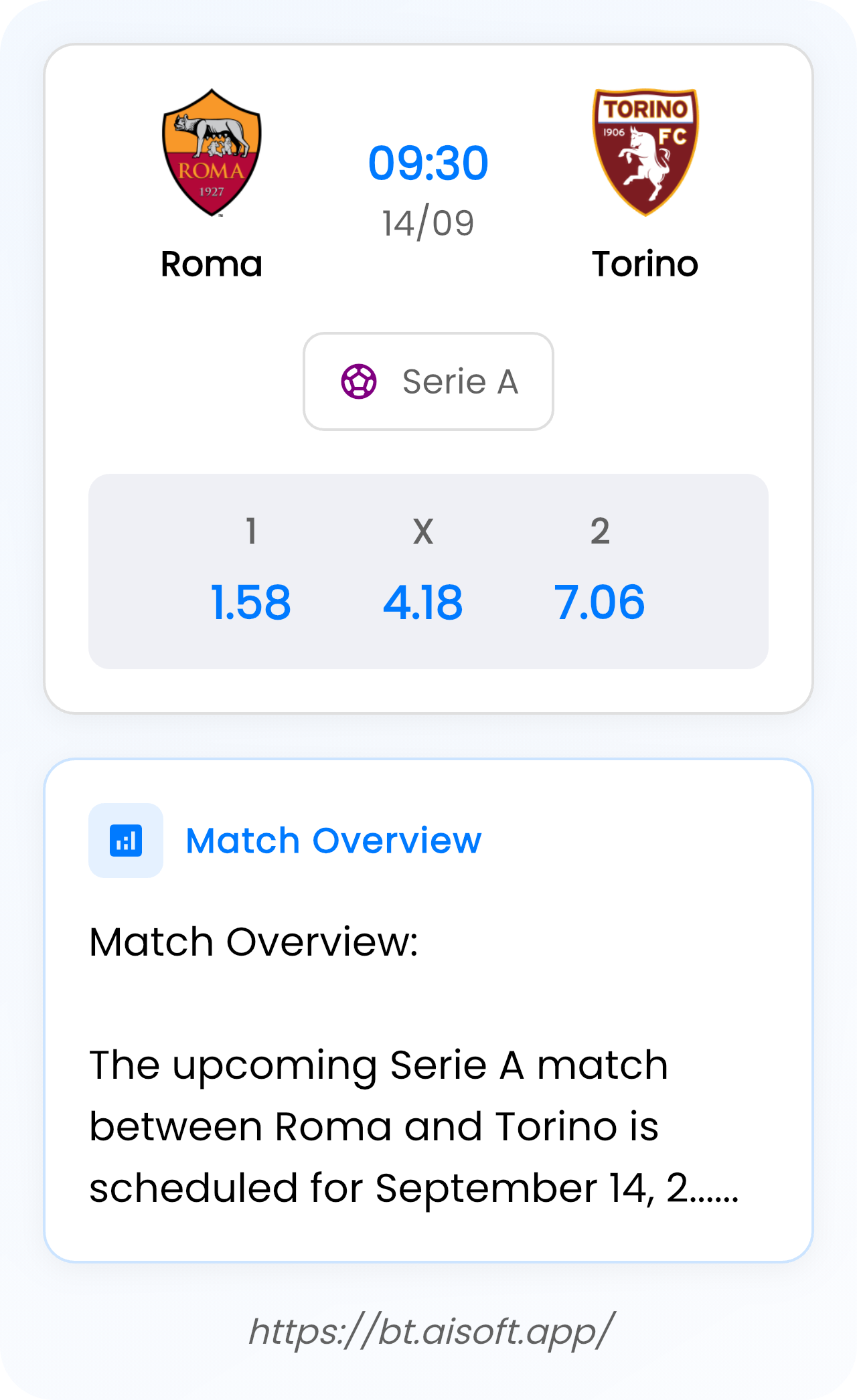 AI Match Prediction (Tips): Roma vs Torino • Serie A • 09:30 / 14 September