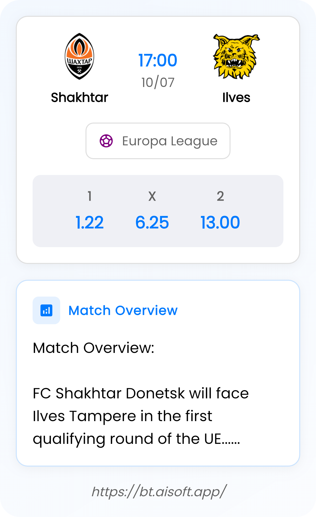 AI Match Prediction (Tips): Shakhtar vs Ilves • Europa League • 17:00 / 10 July