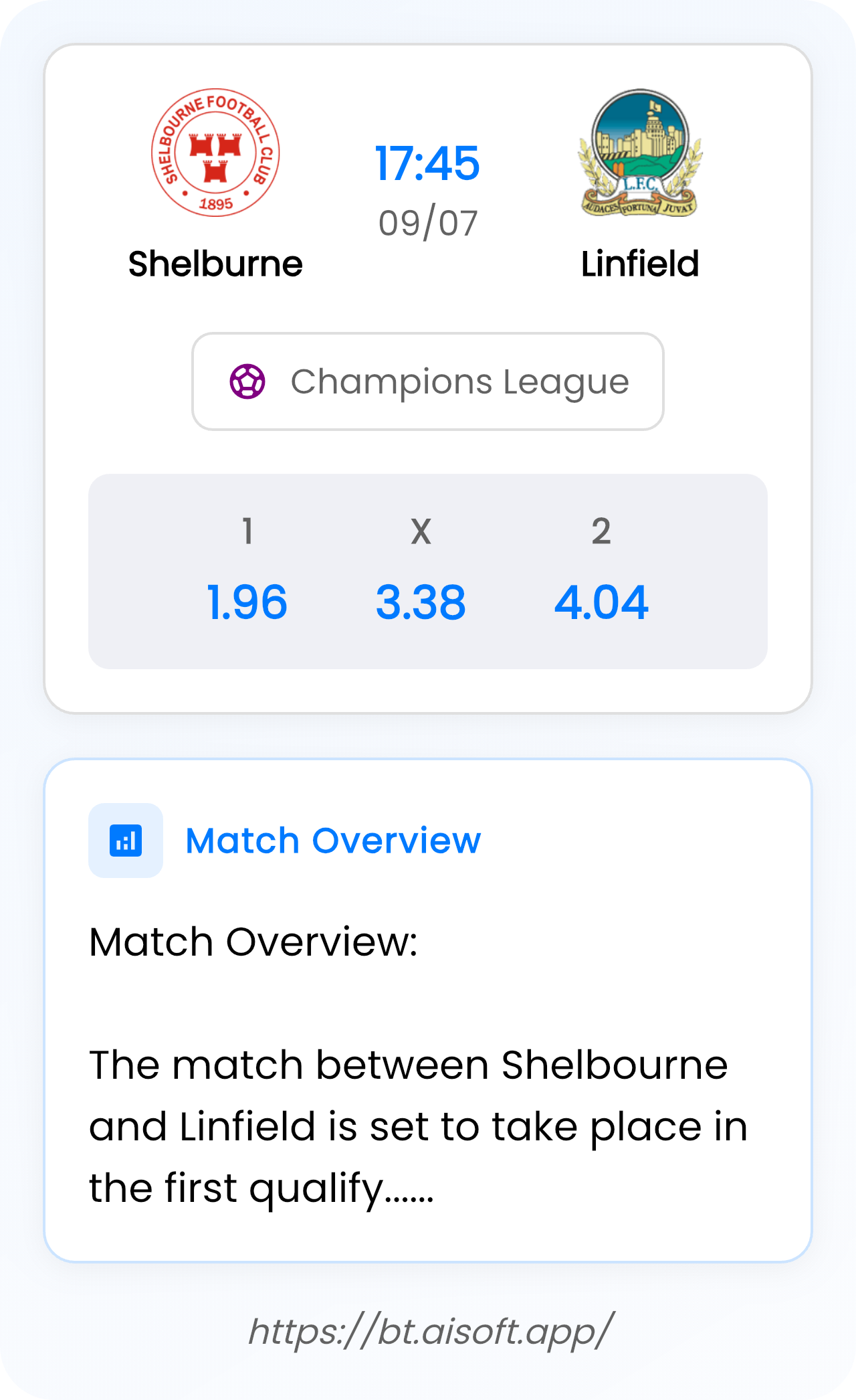 AI Match Prediction (Tips): Shelburne vs Linfield • Champions League • 17:45 / 09 July