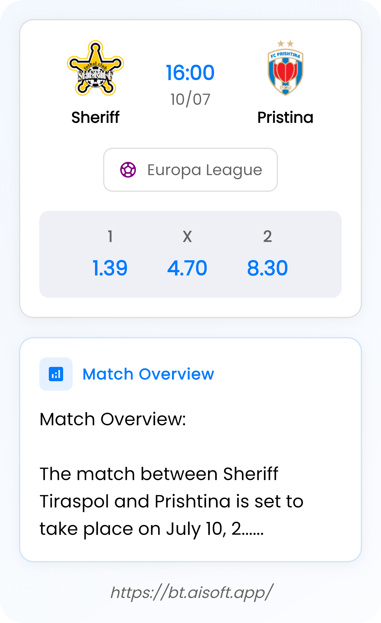 AI Match Prediction (Tips): Sheriff vs Pristina • Europa League • 16:00 / 10 July
