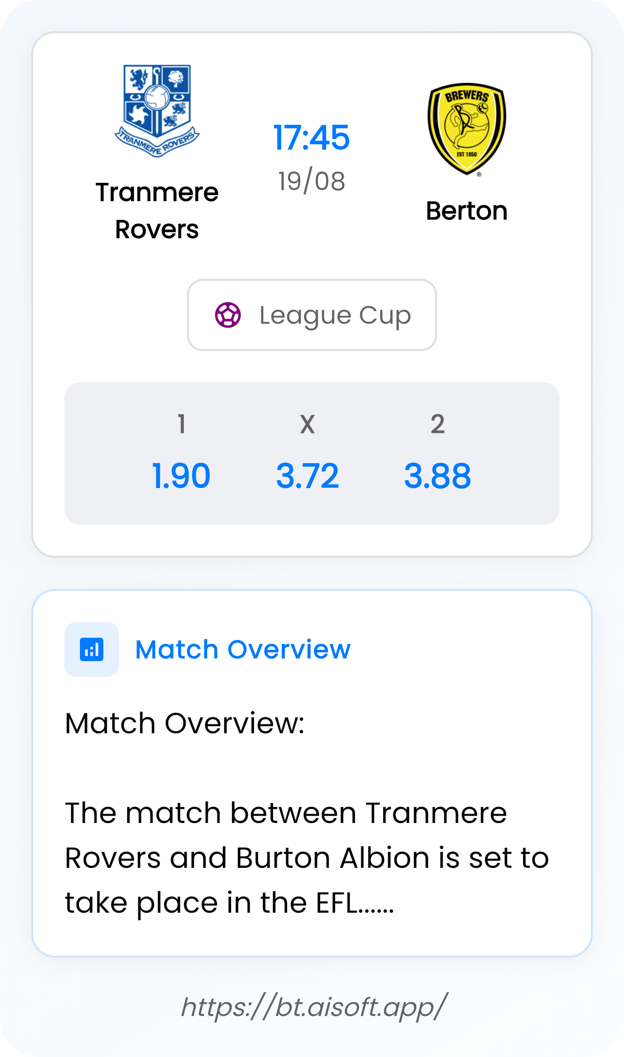 AI Match Prediction (Tips): Tranmere Rovers vs Berton • League Cup • 17:45 / 19 August