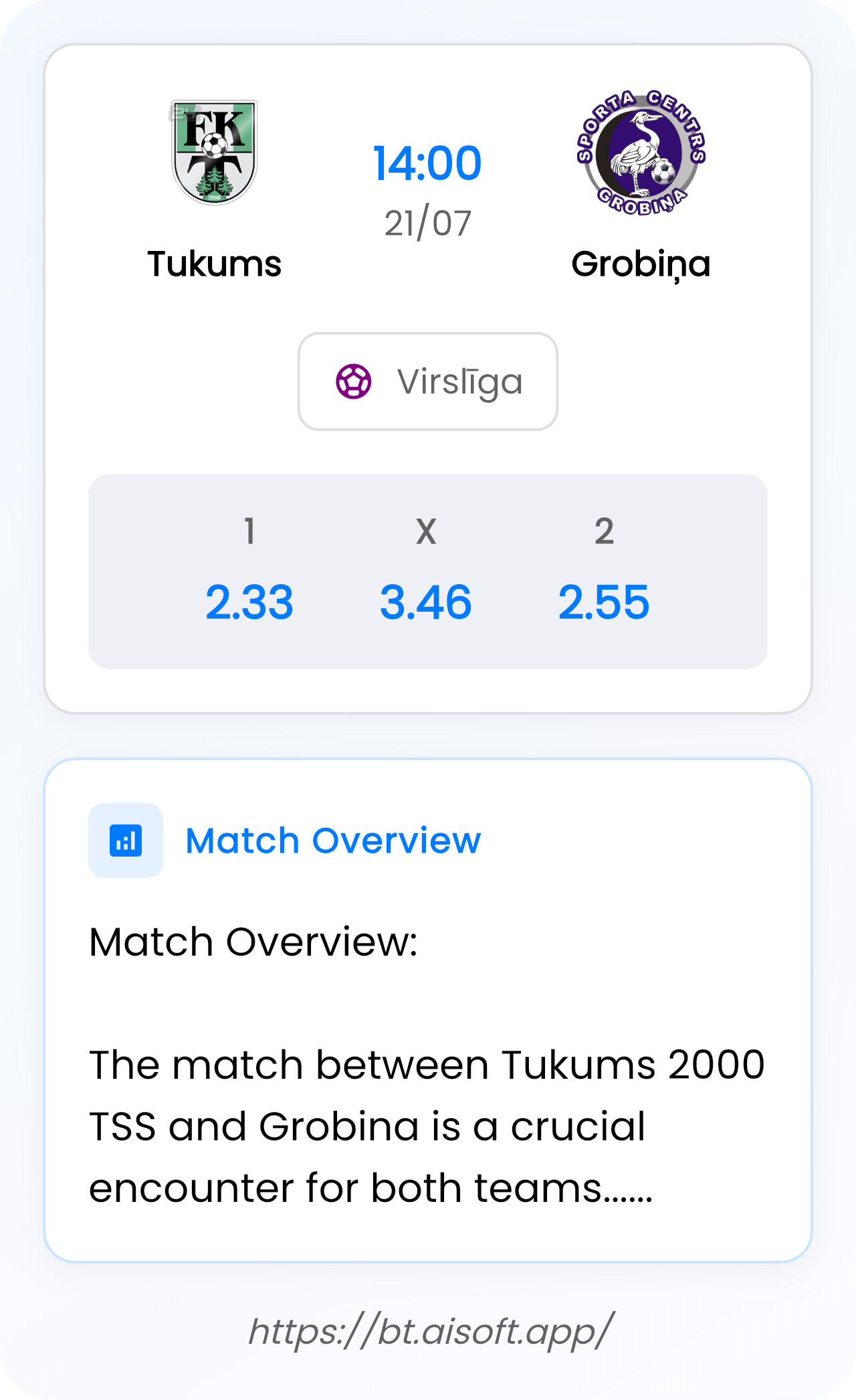 AI Match Prediction (Tips): Tukums vs Grobiņa • Virslīga • 14:00 / 21 July