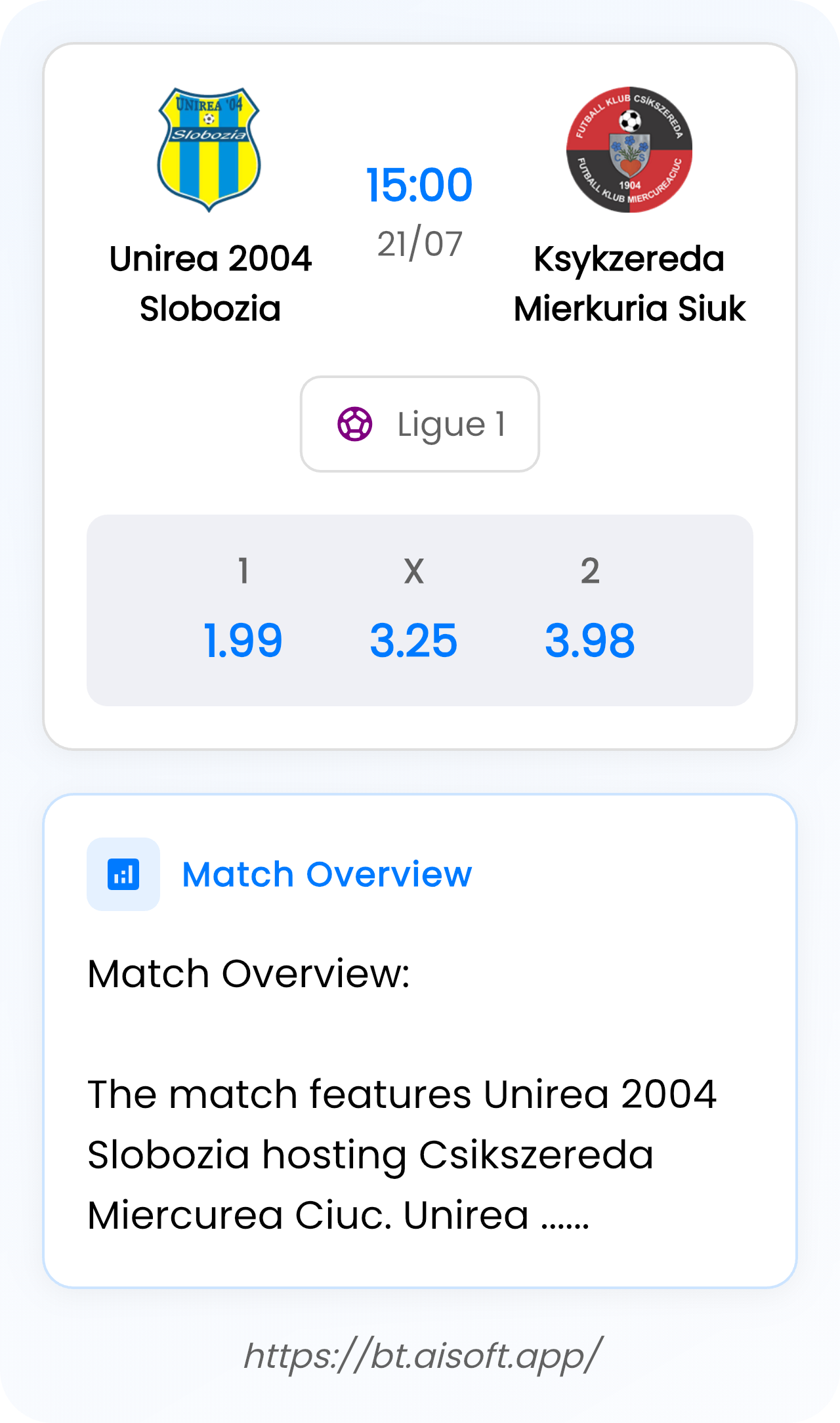 AI Match Prediction (Tips): Unirea 2004 Slobozia vs Ksykzereda Mierkuria Siuk • Ligue 1 • 15:00 / 21 July