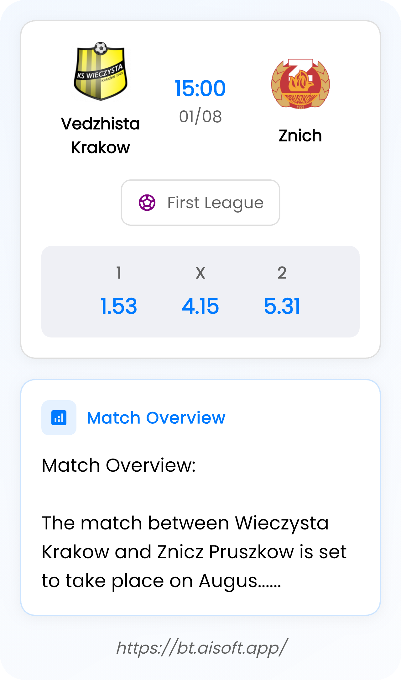 AI Match Prediction (Tips): Vedzhista Krakow vs Znich • First League • 15:00 / 01 August