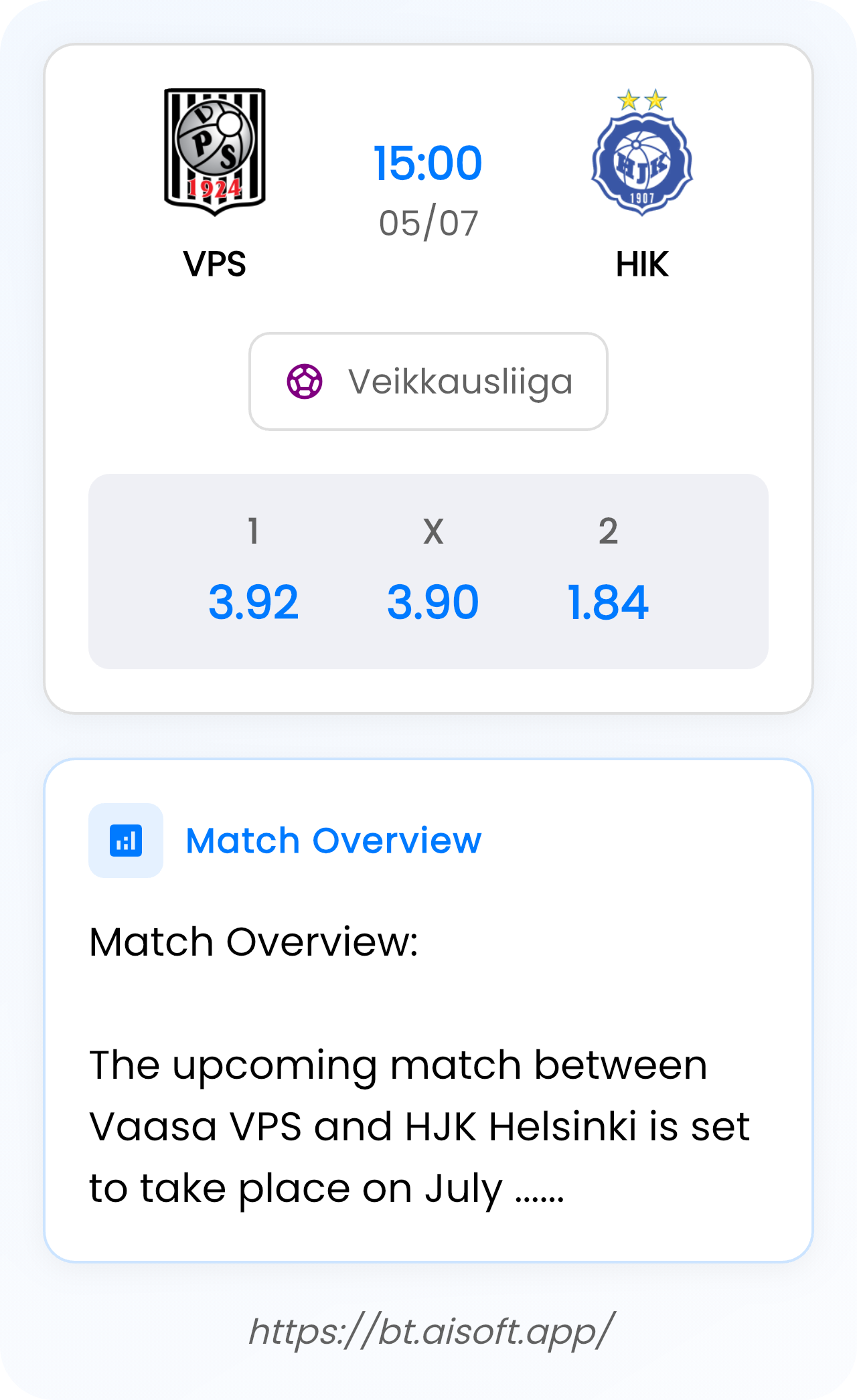 AI Match Prediction (Tips): VPS vs HIK • Veikkausliiga • 15:00 / 05 July