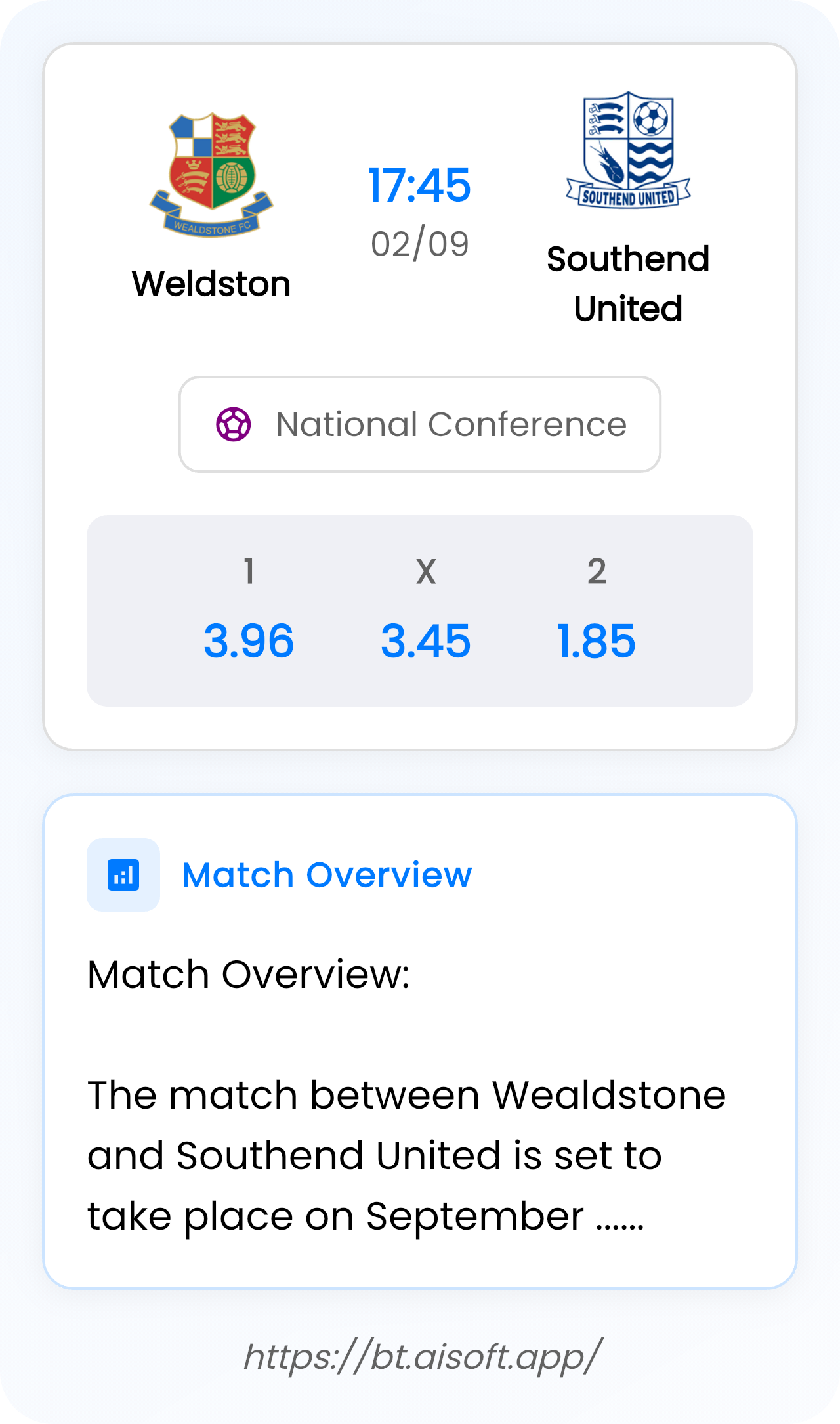AI Match Prediction (Tips): Weldston vs Southend United • National Conference • 17:45 / 02 September