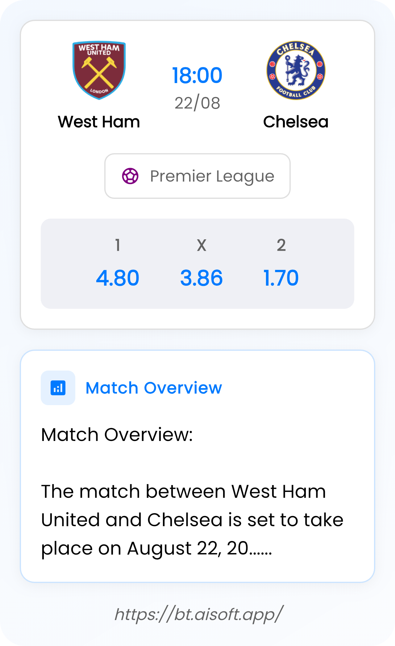 AI Match Prediction (Tips): West Ham vs Chelsea • Premier League • 18:00 / 22 August