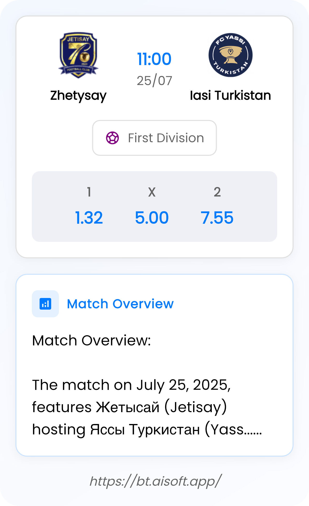 AI Match Prediction (Tips): Zhetysay vs Iasi Turkistan • First Division • 11:00 / 25 July
