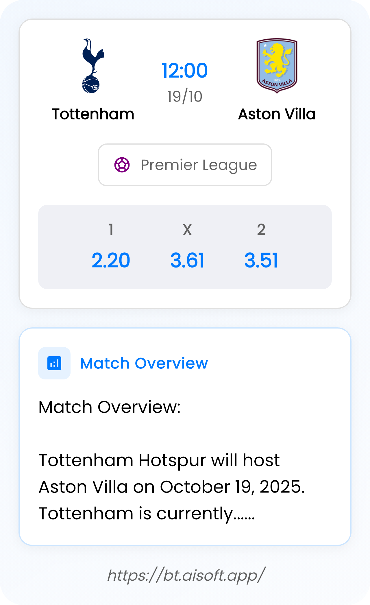 AI Match Prediction: Tottenham vs Aston Villa • Premier League • 12:00 / 19 October
