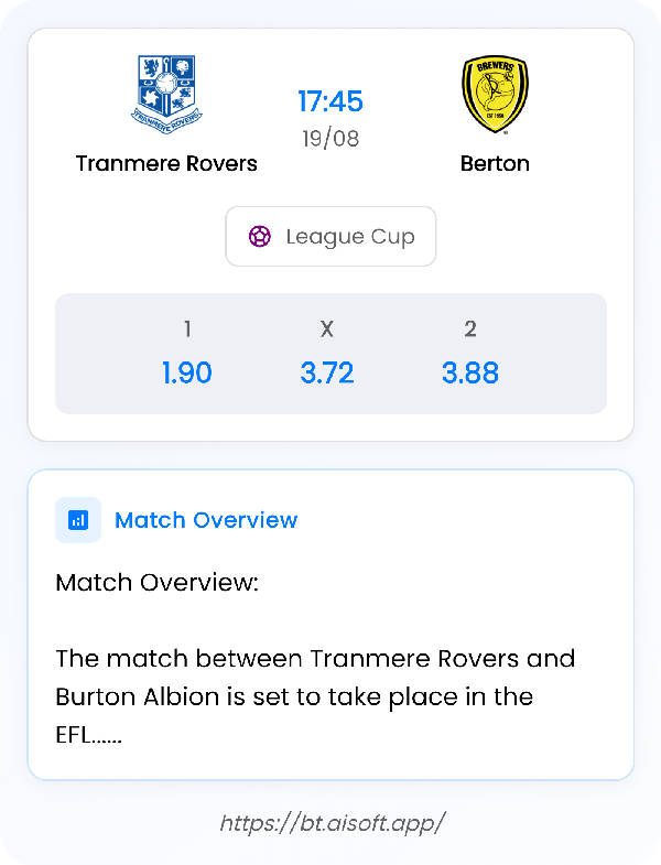AI Match Prediction: Tranmere Rovers vs Berton • League Cup • 17:45 / 19 August