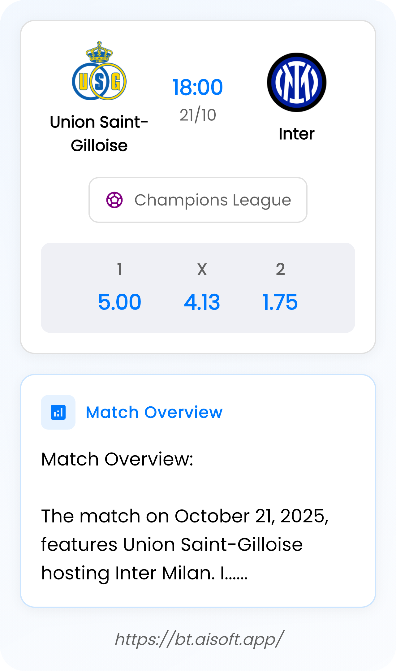 AI Match Prediction: Union Saint-Gilloise vs Inter • Champions League • 18:00 / 21 October
